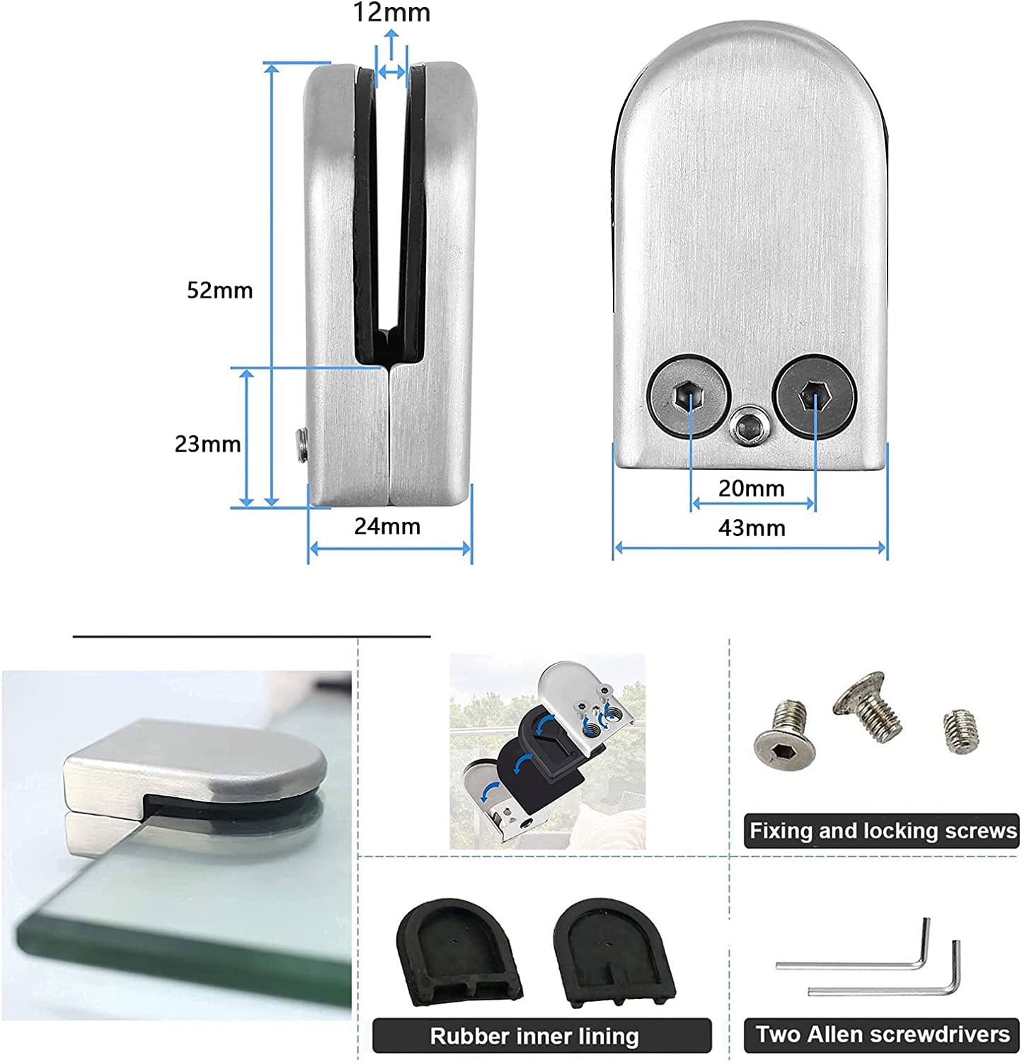 Clip de Vidrio Abrazaderas de Vidrio de Acero Inoxidable Abrazadera de Piso de Vidrio 8-10-12 mm Soportes de Vidrio Ajustables Clips de Vidrio Abrazadera en U Abrazadera de Espiga