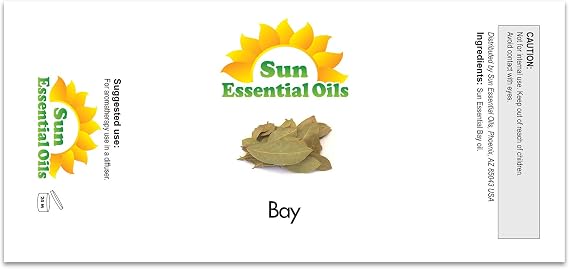 Sun Essential Oils 4 oz Bay Essential Oil with Dropper for Diffuser, Massage Therapy, Scalp Care, Aromatherapy, Fresh Scent for Candle, Lotion & Shampoo Making, Room Fragrance