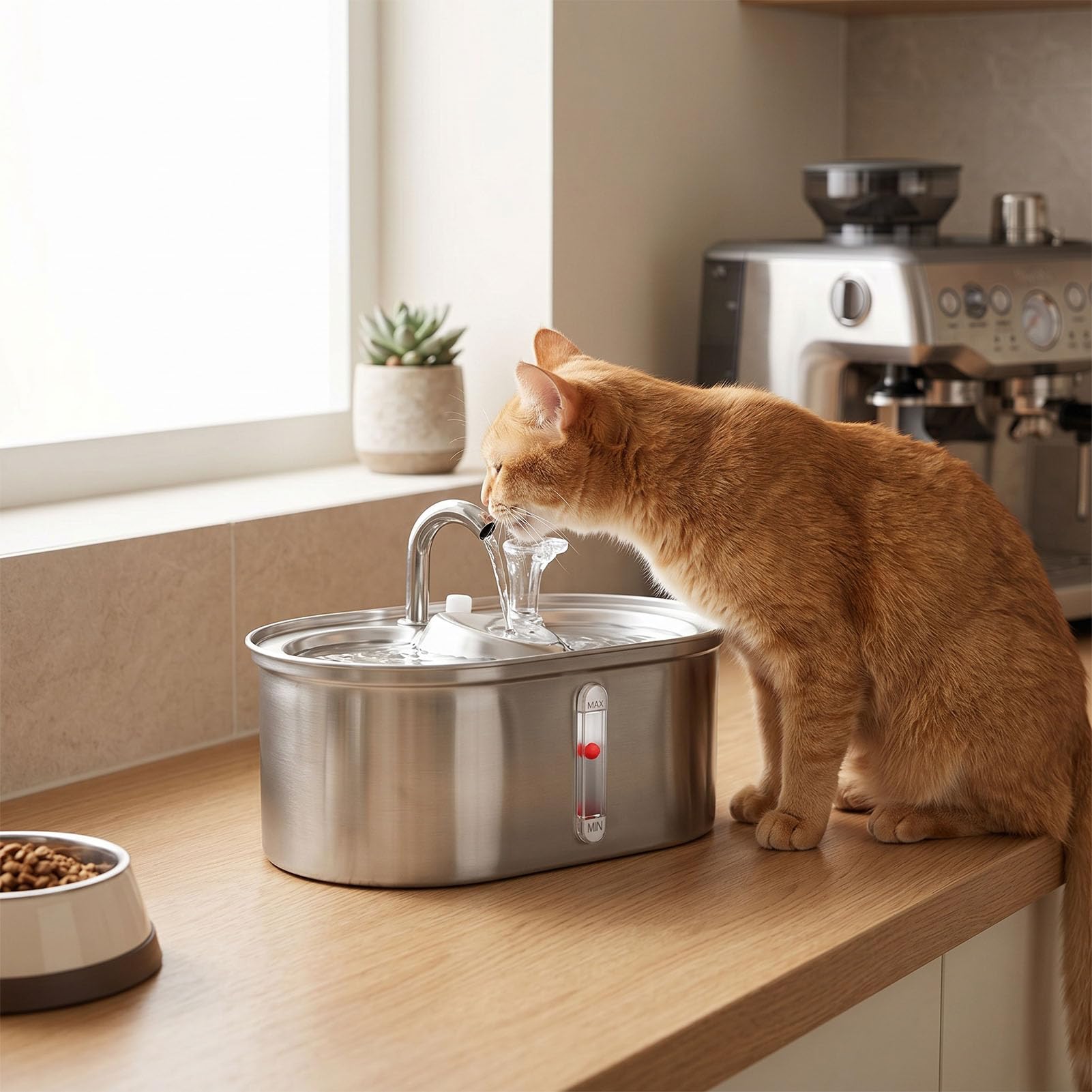 Fuente de Agua para Gatos, 2 en 1, Dispensador de Agua Automático de Acero Inoxidable de 3 litros, Diseño Elevado, Alimentador de Alimentos para Mascotas con Bomba Silenciosa y Diseño de