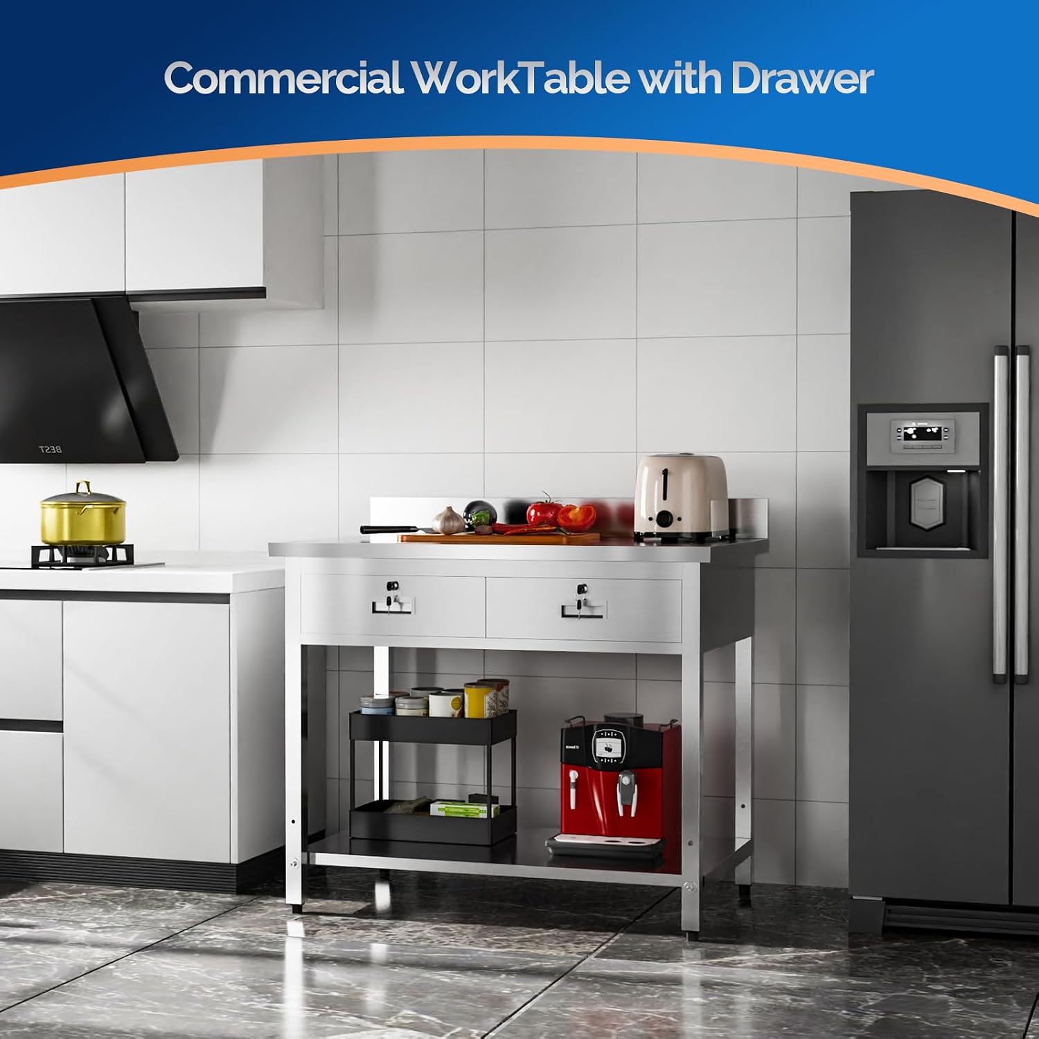 ROVSUN 42" X 26" Stainless Steel Table with 2 Drawers, Commercial Heavy Duty for Work & Prep, Backsplash & Undershelf for Home Kitchen Restaurant Hotel Garage Warehouse