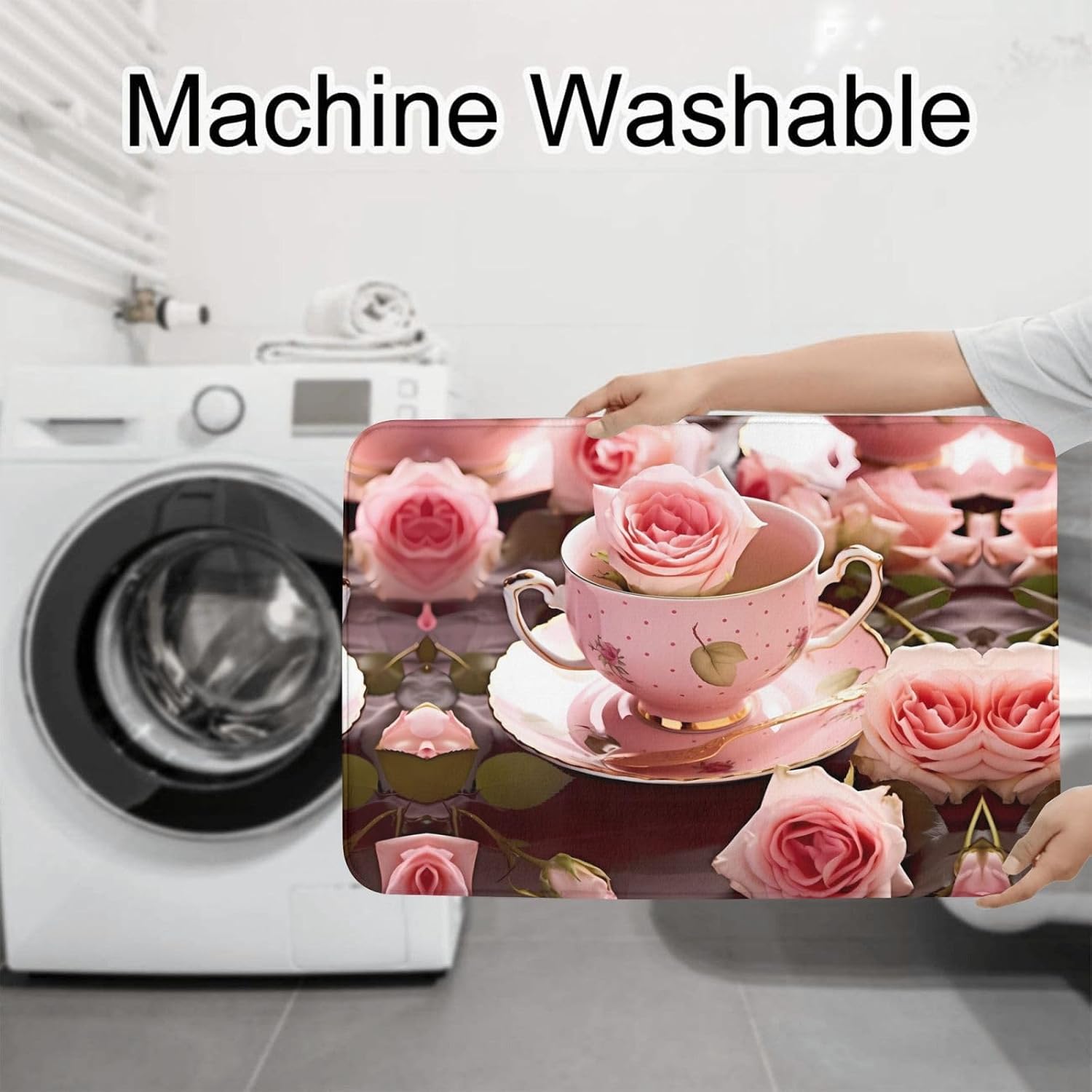 JCAKES Tea Cups with Roses Romantic Shabby Print 3 Piece Bathroom Rugs Set Non-Slip Washable Cover Floor Rug Decorations for Kitchen Bathroom Bedroom