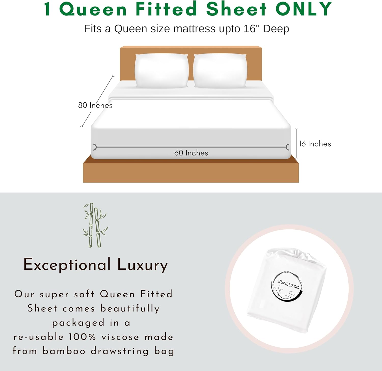 Fitted Sheet ONLY Queen 100% Viscose Made from Bamboo, Cooling, Head Foot Tags with 16” Deep Pocket, Luxuriously Soft (White, Fitted Sheet ONLY)
