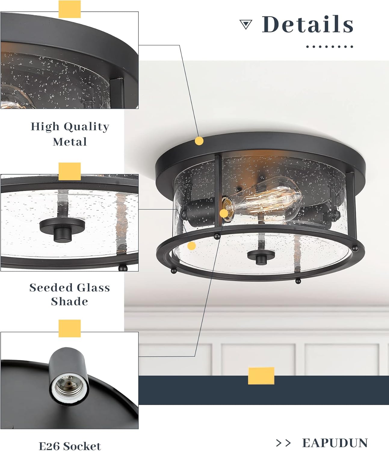 EAPUDUN Flush Mount Ceiling Light Fixtures, 12inch 2-Light Farmhouse Close to Ceiling Light Fixture with Seeded Glass Shade, Matte Black Finish for Porch, Entryway, Bedroom, Foyer,FMA1413-MBK