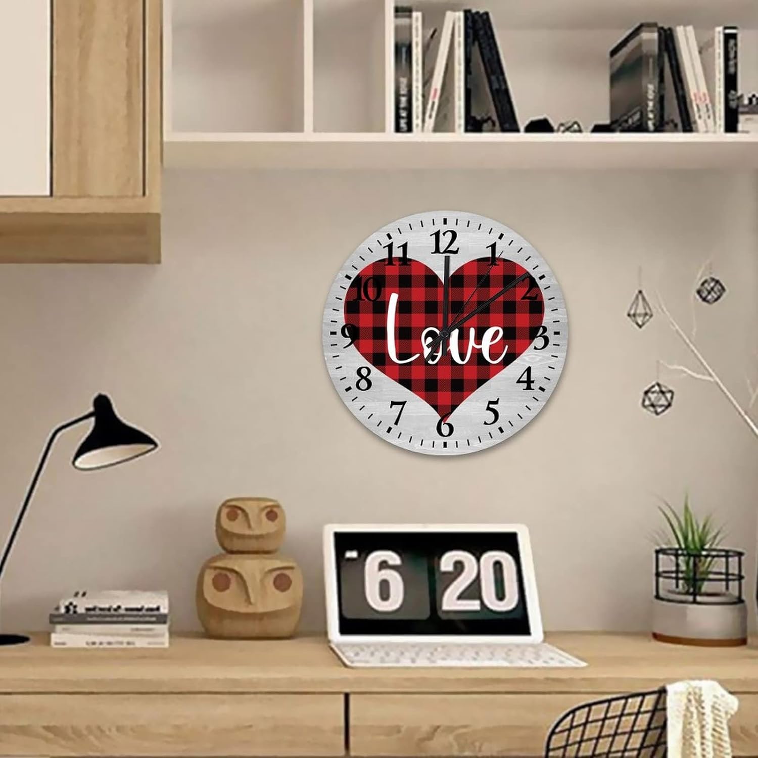 Valentine's Day Love Clock Wall 12 Inch, Red Buffalo Check Love Quote Bathroom Clock Battery Operated Round Arabic Numeral Clock for Living Room Bedroom Kitchen Farmhouse Decor