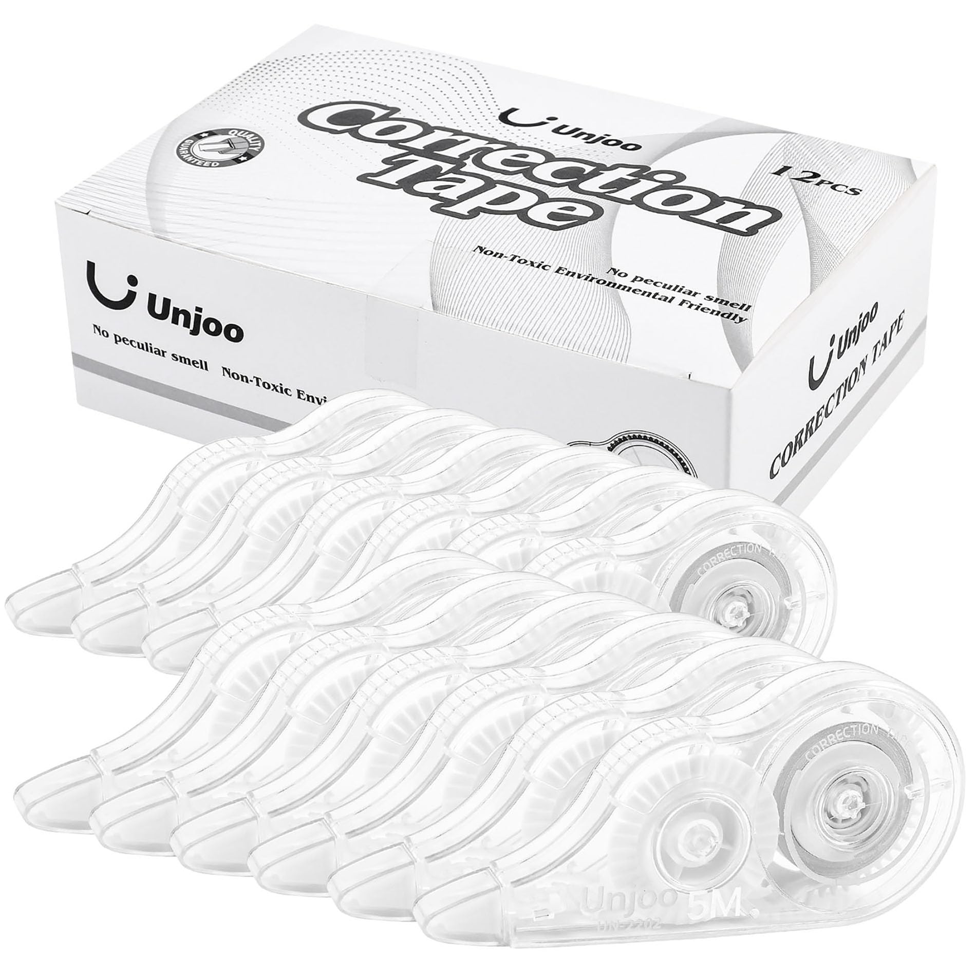 Unjoo Cinta correctora blanca, limpieza rápida y fácil de usar, cinta resistente al desgarro, para suministros escolares, oficina (paquete de 12 unidades, blanco, 5 m/196, ancho de la cinta 0.2