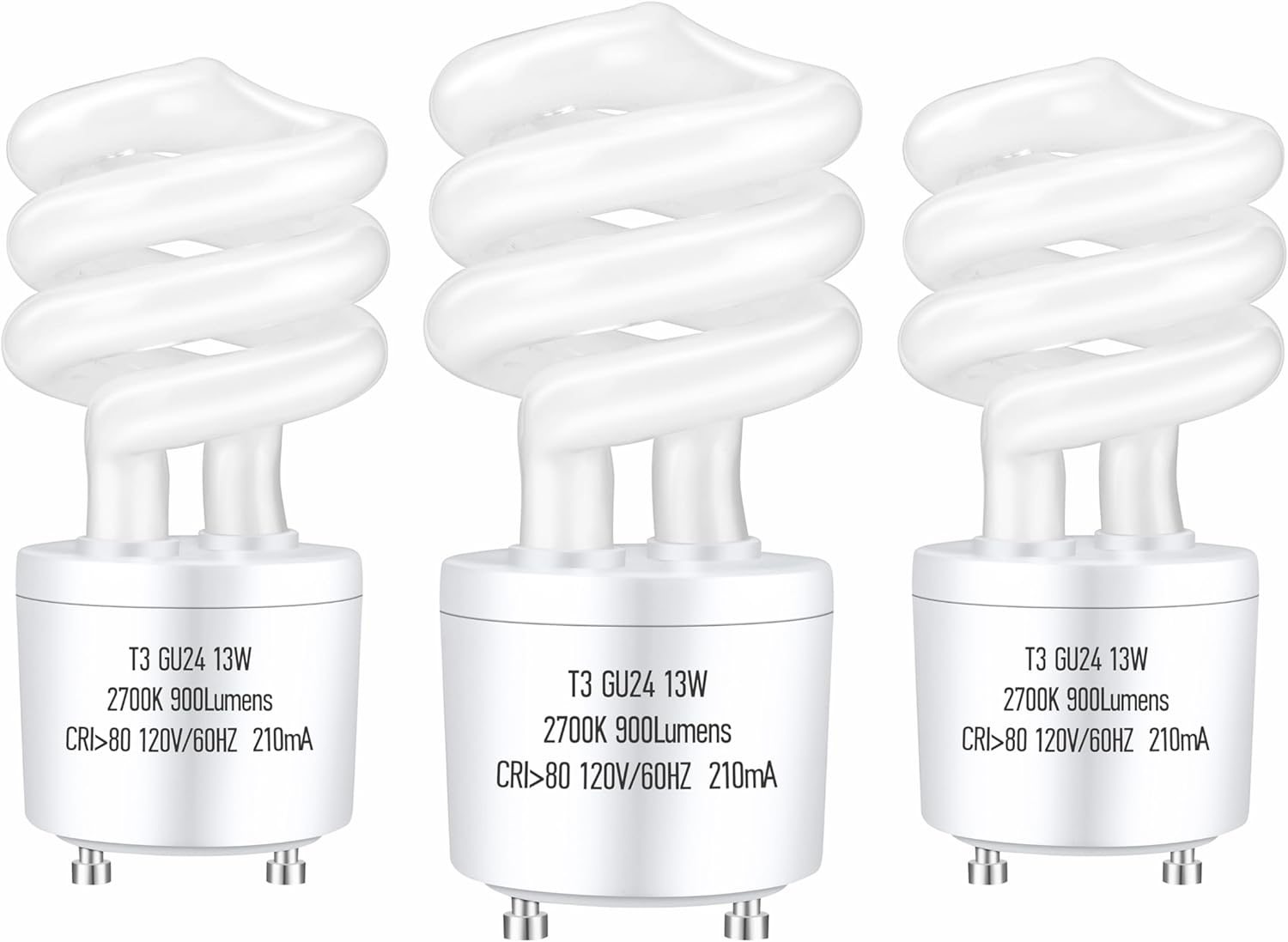 GU24 13Watt 2700K 900lm CFL Light Bulbs, T3 Spiral Gu24 Base 2 Prong (60W Equivalent) Soft White Compact Fluorescent Light Bulbs, UL Approved, 120v 60Hz, Self Ballasted, Indoor Use (3 Pack)