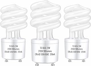 GU24 13Watt 2700K 900lm CFL Light Bulbs, T3 Spiral Gu24 Base 2 Prong (60W Equivalent) Soft White Compact Fluorescent Light Bulbs, UL Approved, 120v 60Hz, Self Ballasted, Indoor Use (3 Pack)