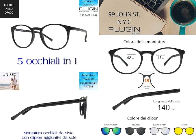 Ultem 220-48 Unisex Eyeglass Frame M02 Glossy Black + 4 Magnetic Clip On  Filters (Polarised Sun, Drive/Relax and Blue Light) : Amazon.co.uk: Clothing