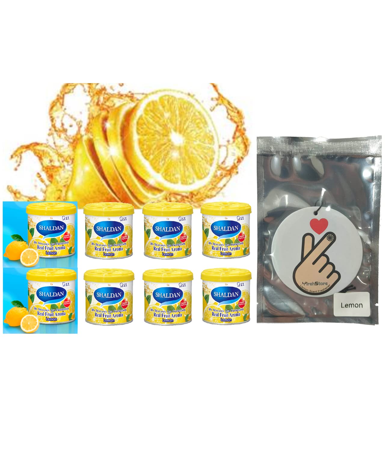 My Shaldan Air Freshener V8 - Lemon x8 cans Real Fruit Aroma by ST. Corporation, Japan, Original Classic Formula, and YirehStore Finger Heart Lemon Scent