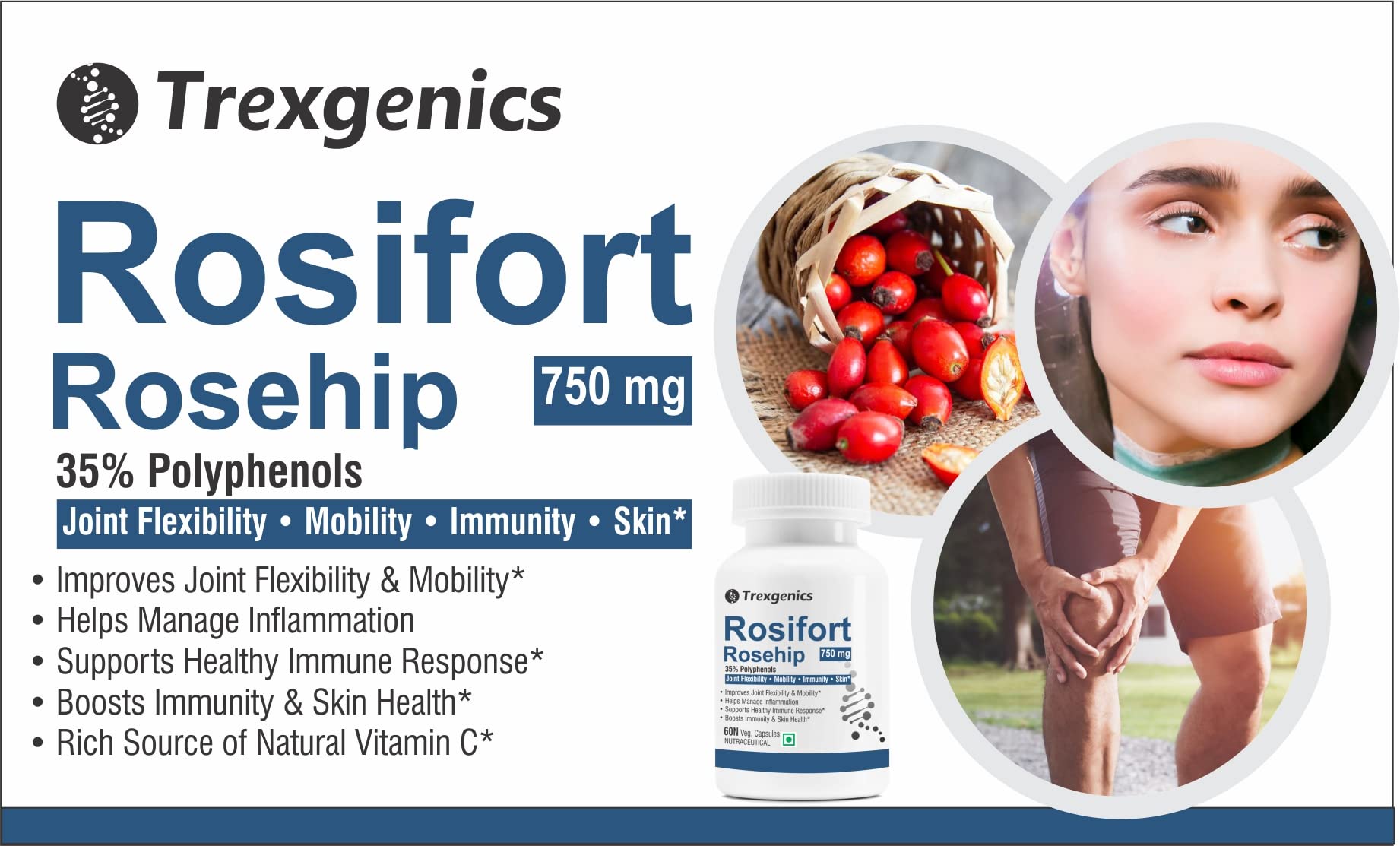 Trexgenics ROSIFORTE Rosehip 35% Polyphenols 750 mg Immunity, Skin, Joint Pain Support VEGAN & NON-GMO (60 Veg. Capsules) (Pack of 1) 1