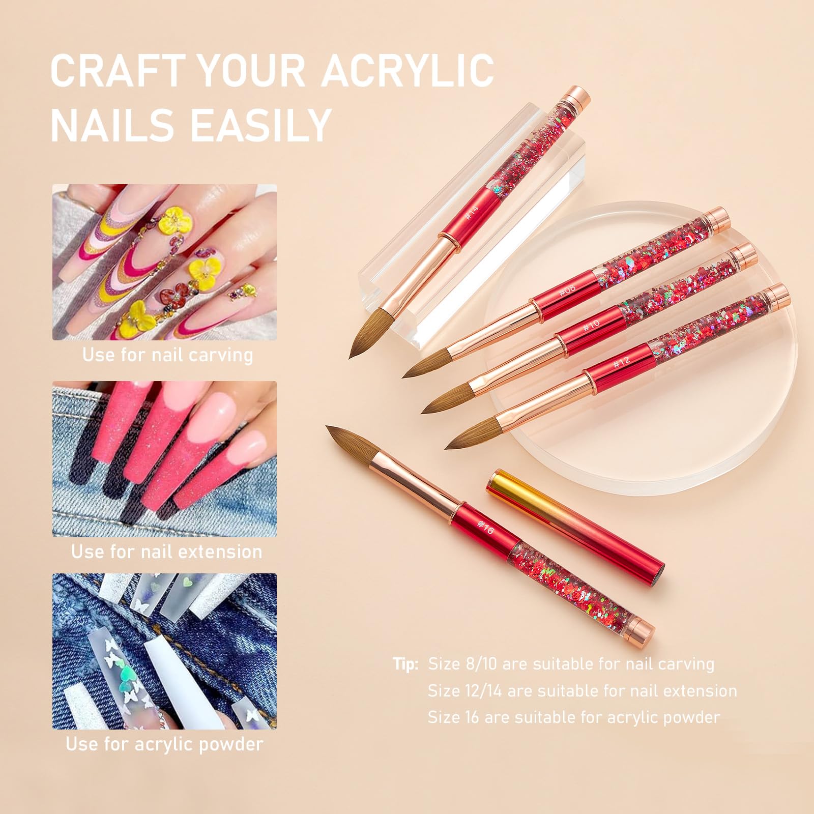 Acryl-Nagelbürste Größe 14, 100% echte Kolinsky Nagelbürste für Acrylpulver-Anwendung, handgefertigte Damen-Maniküre-Nagelverlängerungswerkzeug für professionelle Heimwerker-Salons und Anfänger