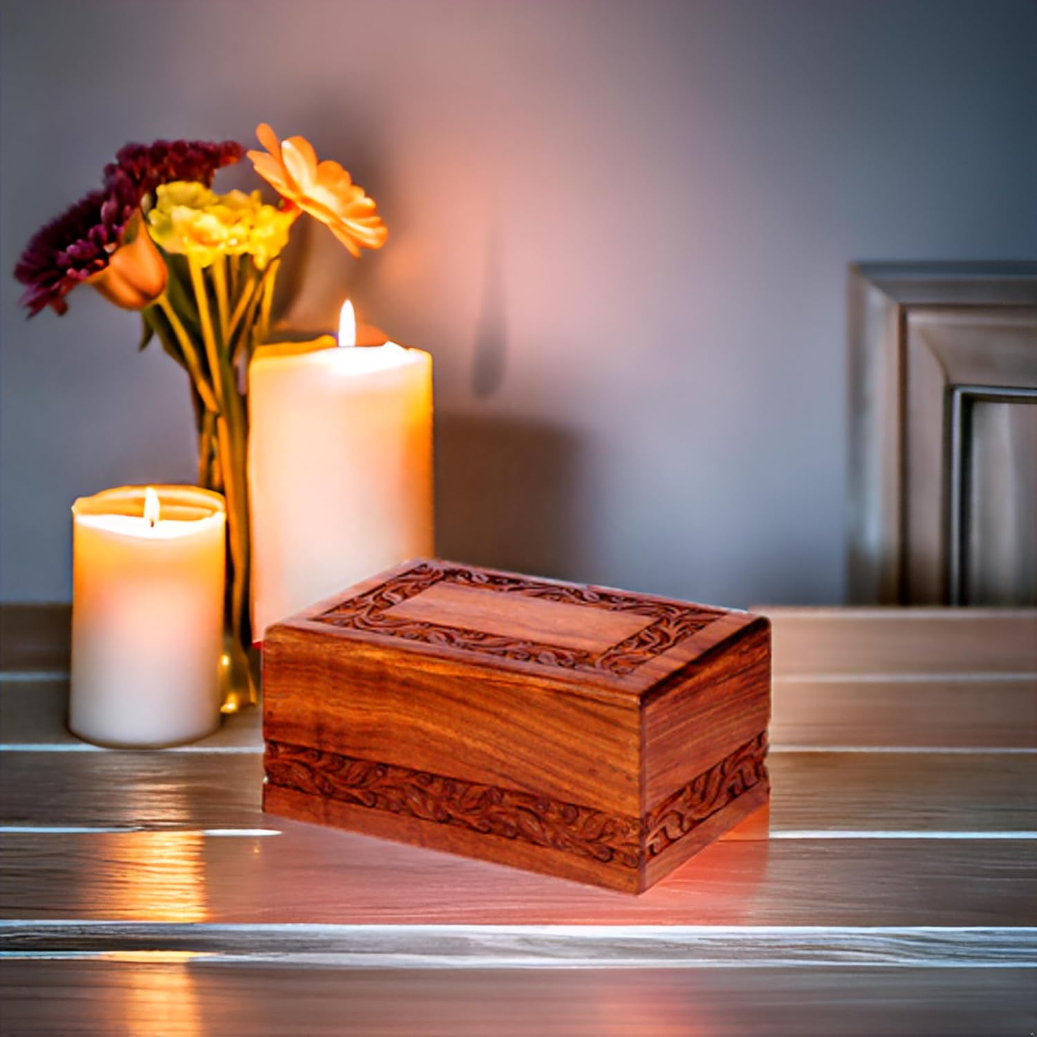 Wooden Keepsake Urn Box, Cremation Urns for Human Ashes, Handcarved Decorative Memorial, Wood Casket for Pets, Cat, Infant, Adult Memorial, Burial Urns for Ashes - Medium - Image 6