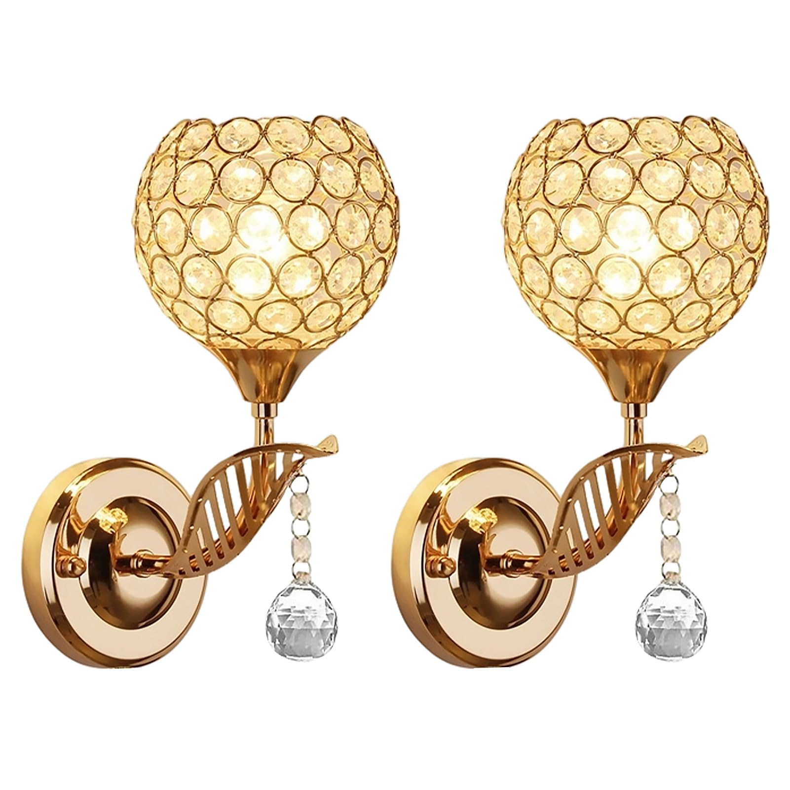 2Pcs E27 Base Warm Light, Crystal Wall Lamp Lights for Living Room, Indoor Wall Lighting Modern Wall Lamp with Pendant for Bedroom Hallway, Valentine's Day Wedding New Room Lighting Gift (Golden)