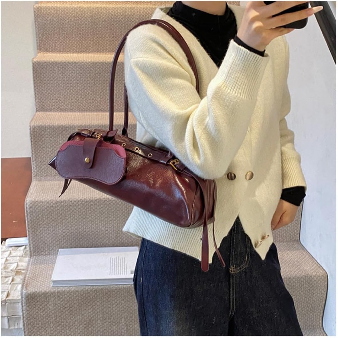 Boston Shoulder Bags for Women PU Leather Tote Bag Casual Bowling Bag Purse Retro Underarm Bag with Eyeglass Cas
