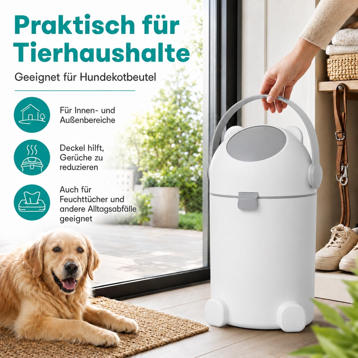 Windeleimer 12L mit Geruchsschutz, Windelmülleimer mit Einhand-Bedienung, ohne Nachfüllkassetten für normale Müllbeutel, Bären-Design in Weiß/Grau für Babyzimmer und Bad