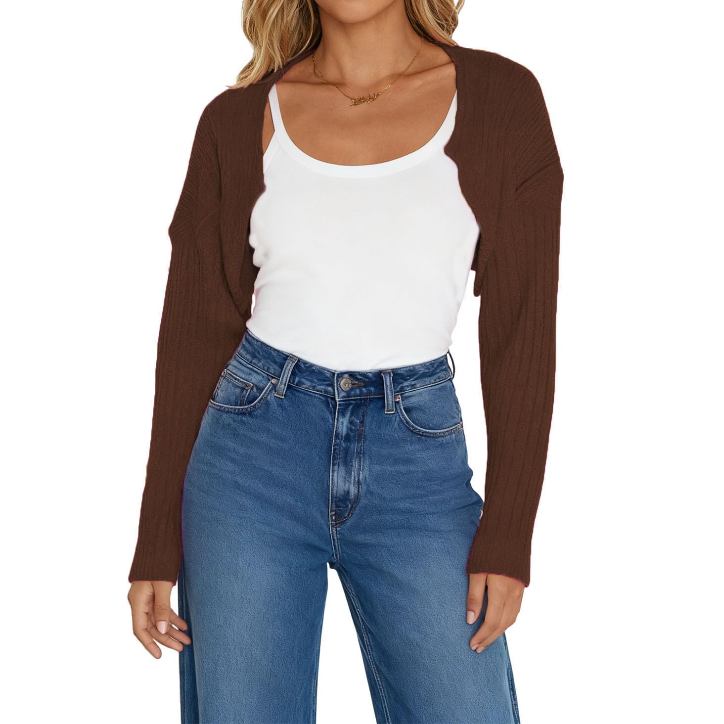Women Long Sleeve Open Front Ribbed Knit Crop Cardigan Solid Loose Drop Shoulder Shrug Bolero Crop Sweater Top