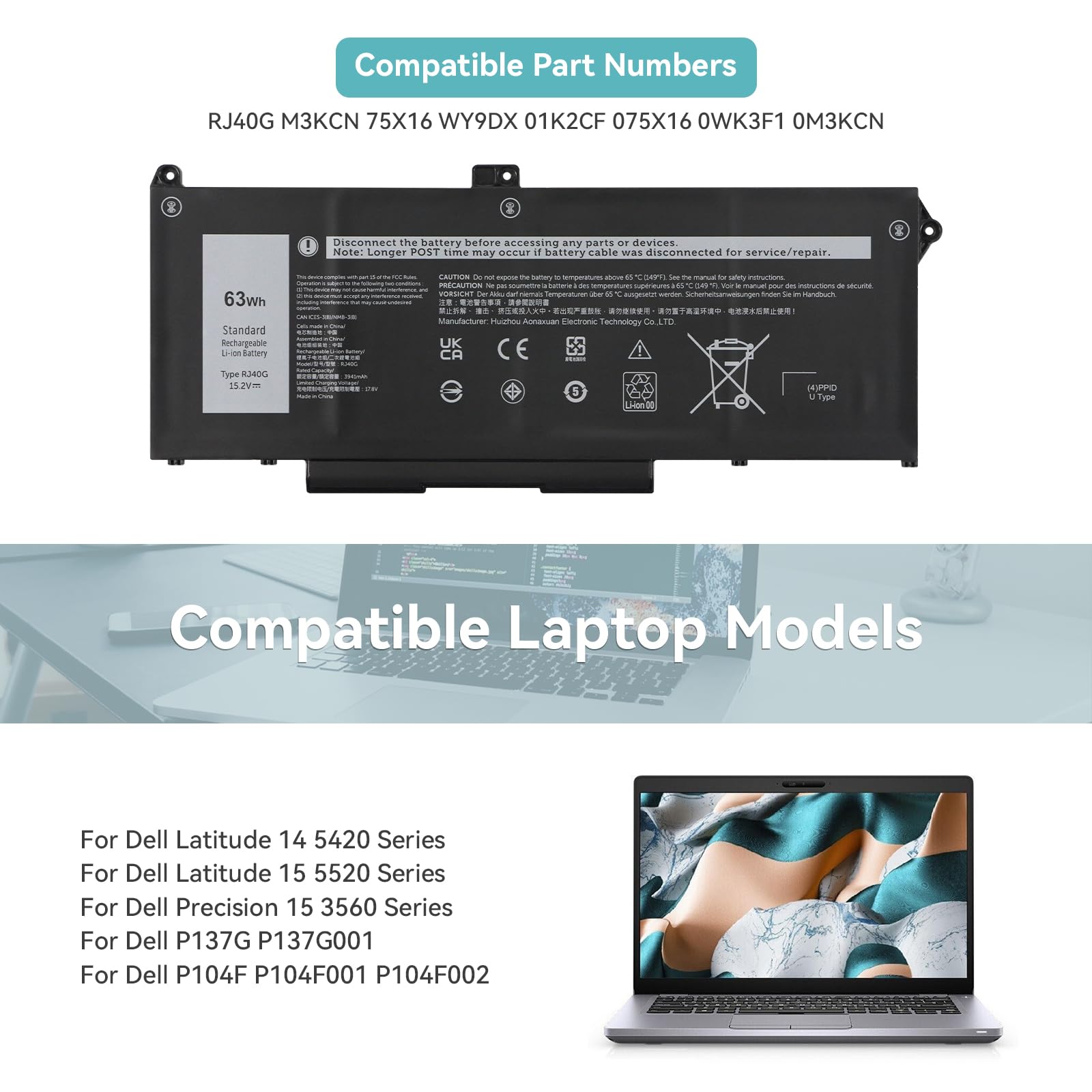 K KYUER RJ40G Laptop Batería para DELL Latitude 14 5420 Latitude 15 5520 Precision 15 3560 Mobile Workstation P137G P104F P137G001 P104F001 P104F002 075X16 01K2CF WY9DX 0WK3F1 0M3KCN Notebook Battery