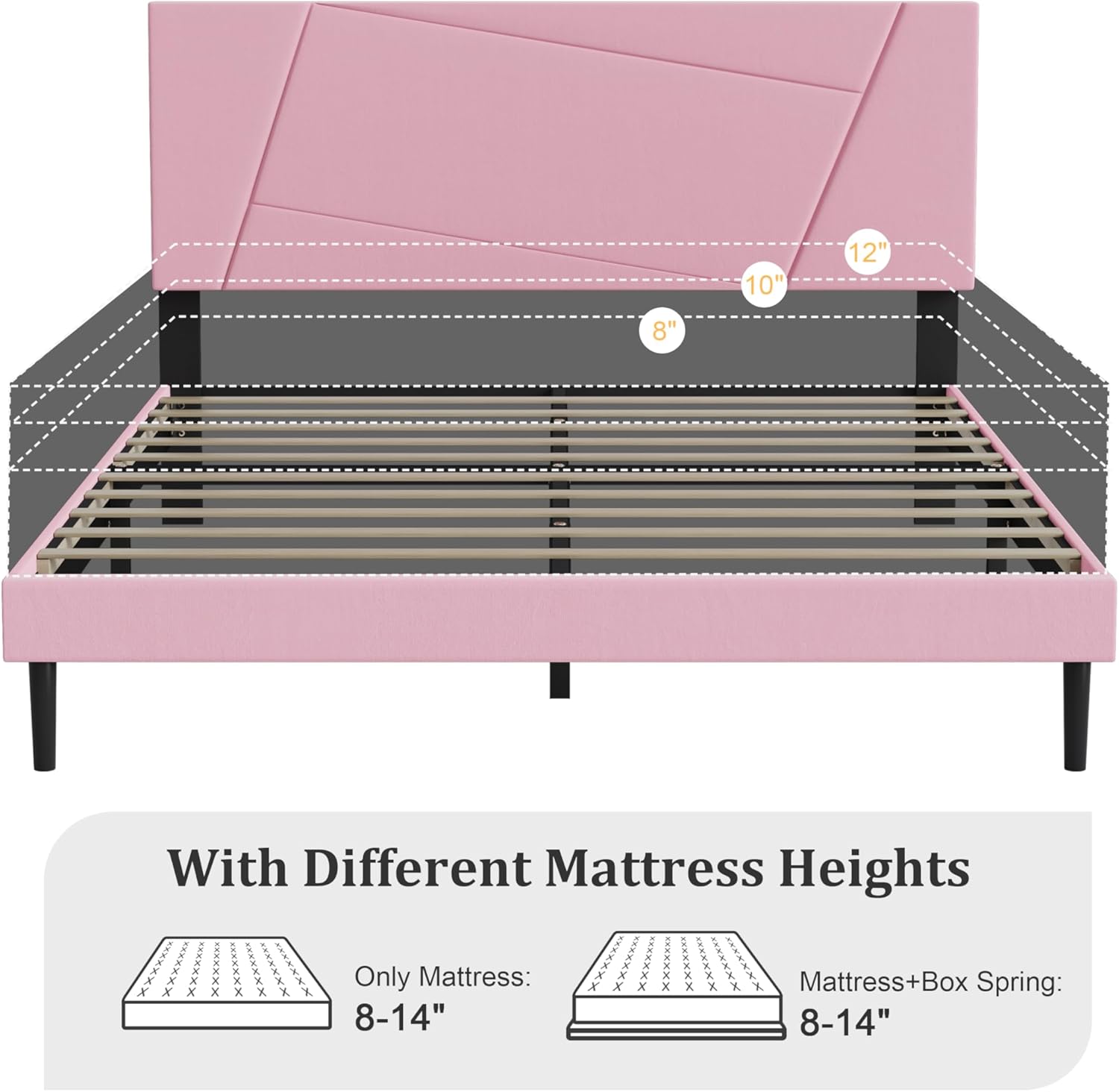 Queen Size Bed Frame Platform with Velvet Upholstered Headboard, Geometric, Sturdy Frame and Wooden Slats, Noiseless, No Box Spring Required, Easy to Assemble,Pink