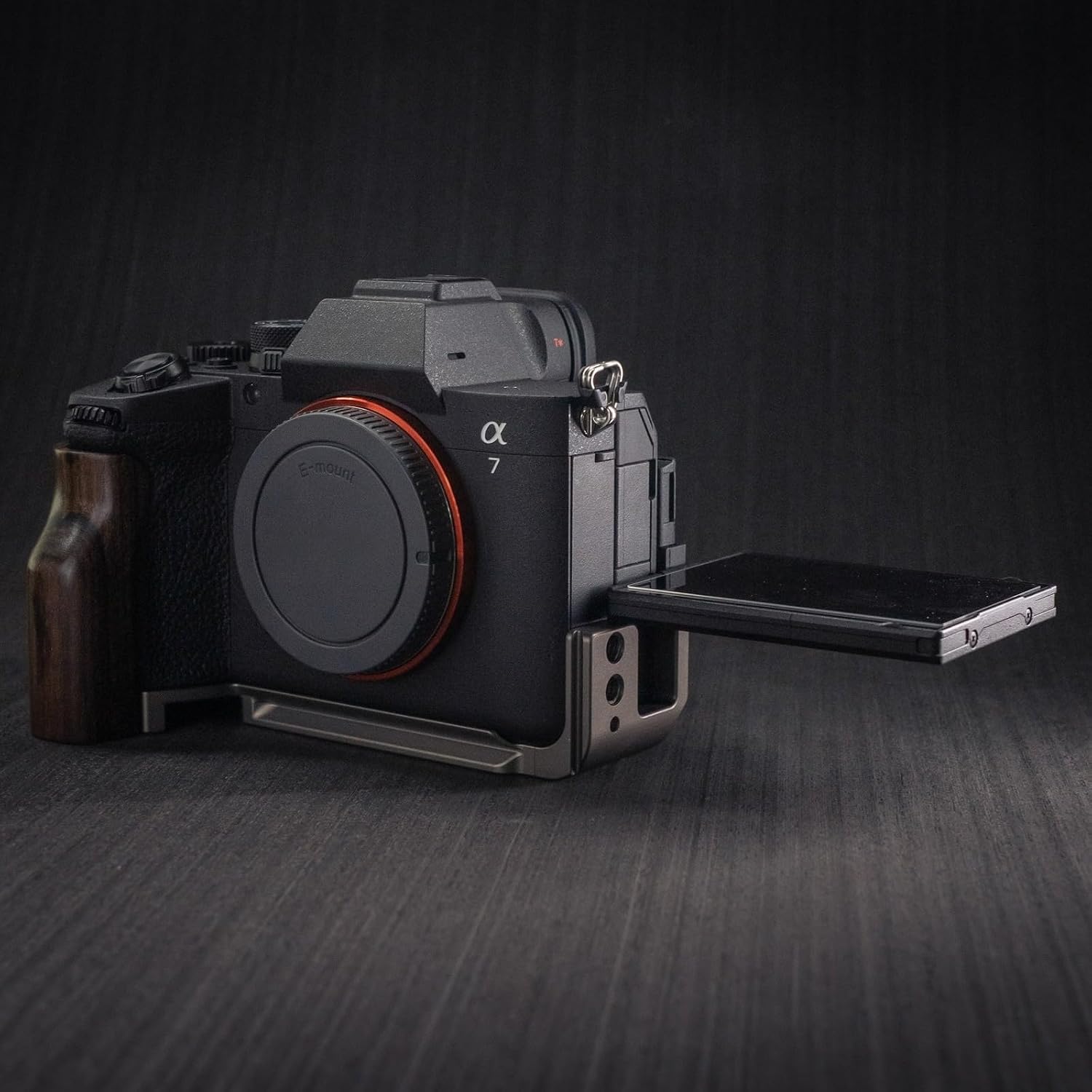 Wooden L Handle Grip Holder for Alpha 7 V A7M5 ILCE-7M5 Camera Aluminum Alloy Baseplate Arca (Ciricote + Black Base)