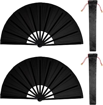 Nydotd 2 Packs Large Rave Fan Handheld Folding Fans Nylon Cloth Foldable with Holder Sleeve for Men and Women Performance Line Dance Chinese Kung Fu Tai Chi Decorations Festival Party Gift Black