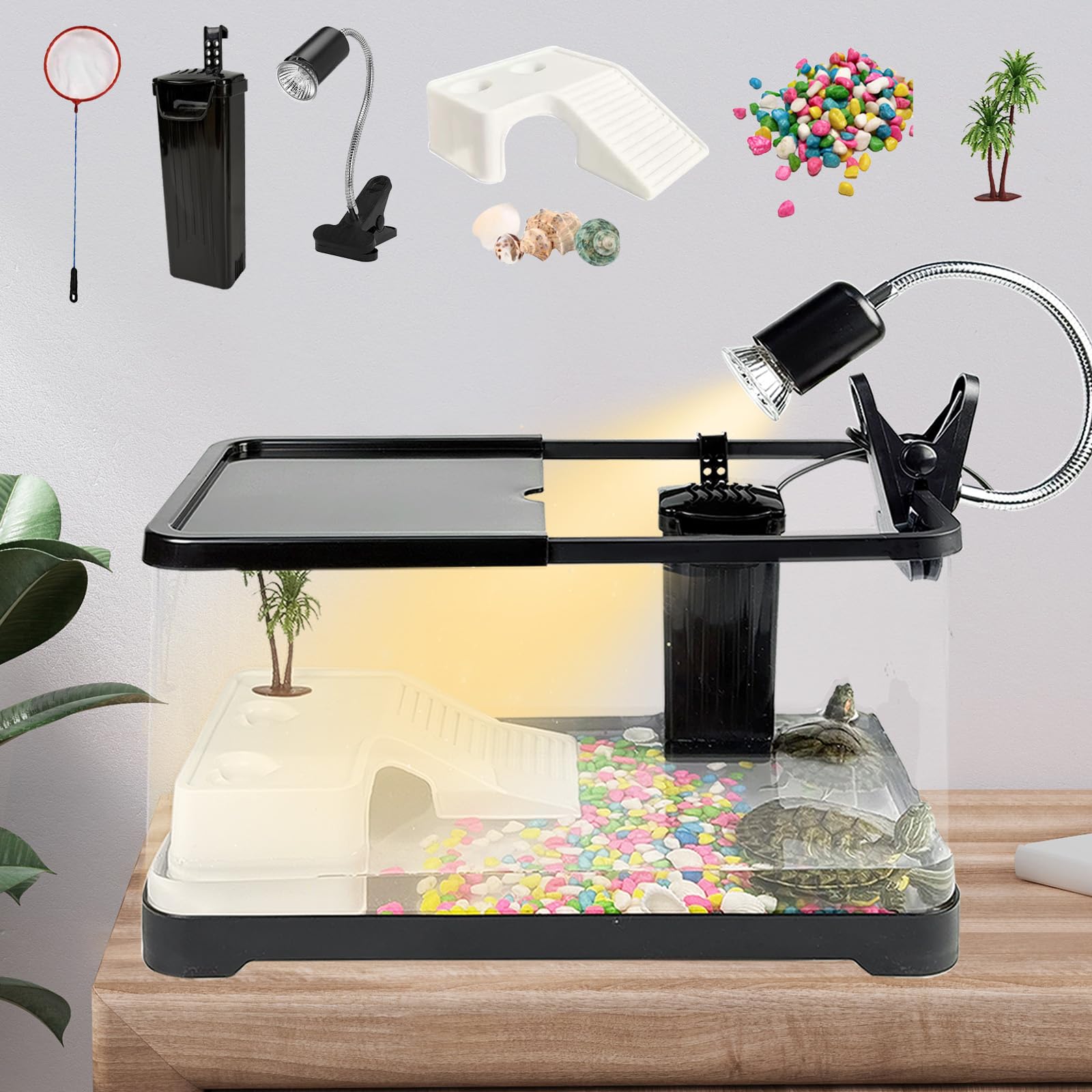 Schildkröten-Tank-Starter-Set, verbessertes Aquarium-Set mit Filter, Fischnetz, Reptilien-Lebensraum mit verstellbarer UV-Lampe und Deckel, Sonnenplattform für Krabben, Amphibien, Reptilien (39,1 x