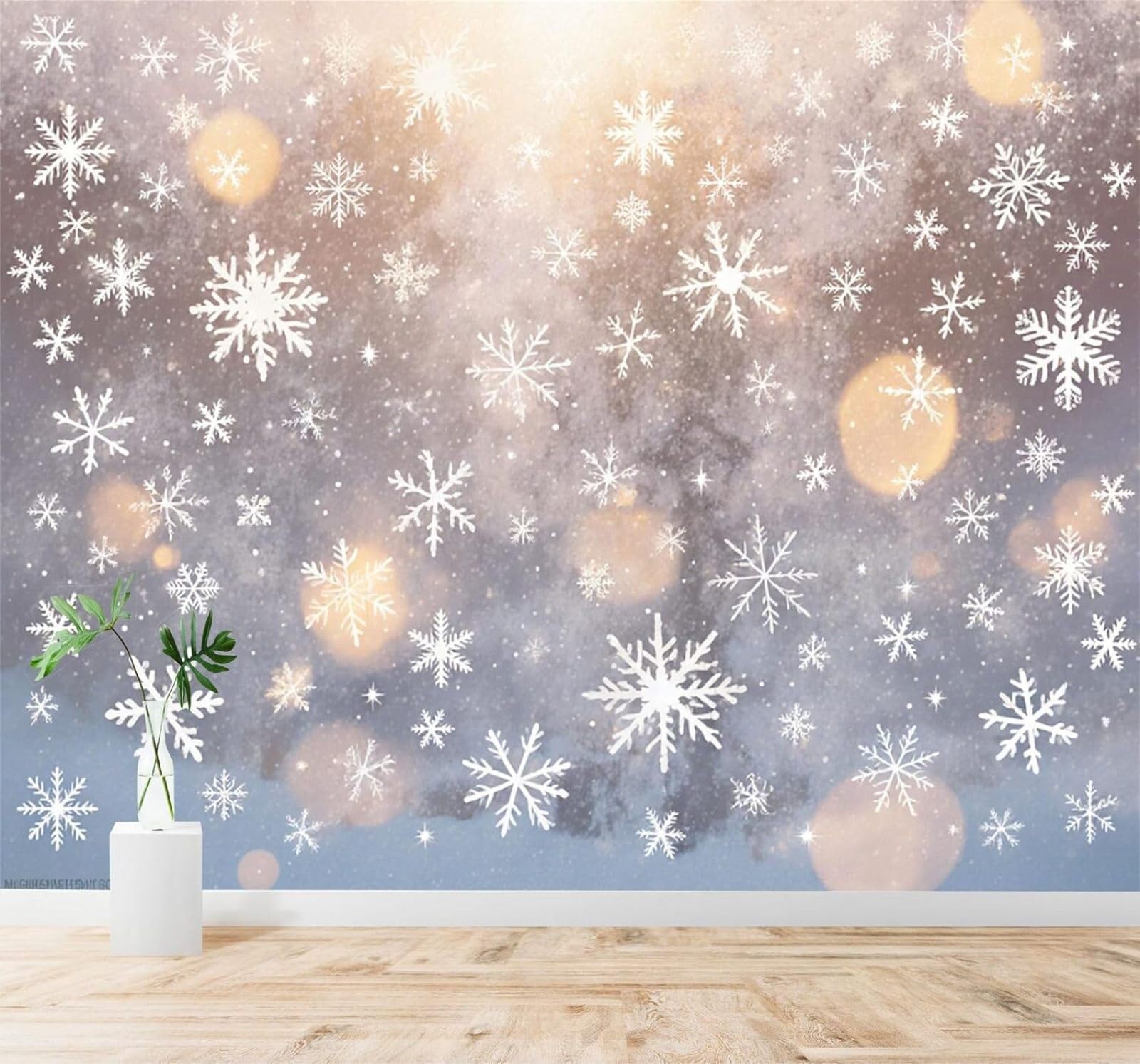 XLMING Minimalist White Snowflakes Winter Sky Golden Lights 3D Wallpaper Premium Textured Silk Study Dining Living Room Bedroom Sofa TV Wall Easy Install-150cm×105cm