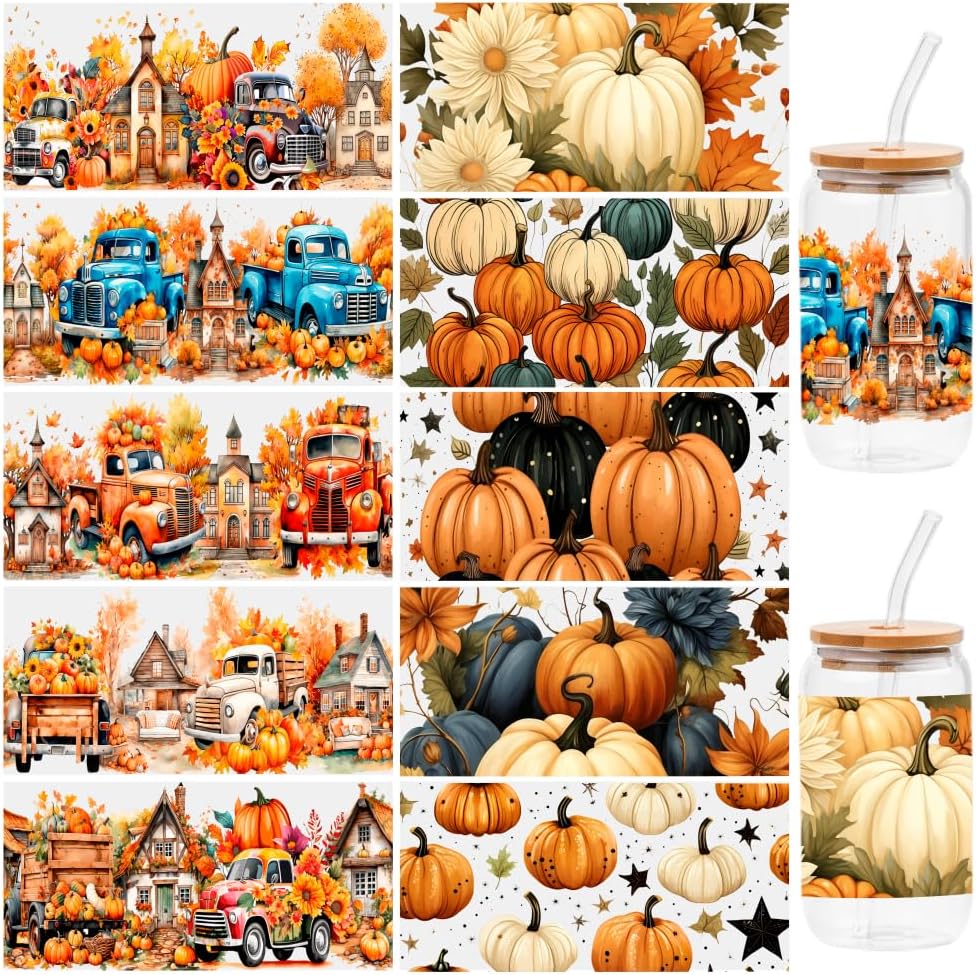 10 Sheets Autumn Harvest UV DTF Transfer Stickers, for Libbey Glass Tumbler, Waterproof Decals, Plastic Adhesive Label for Bottles and Cups Decor