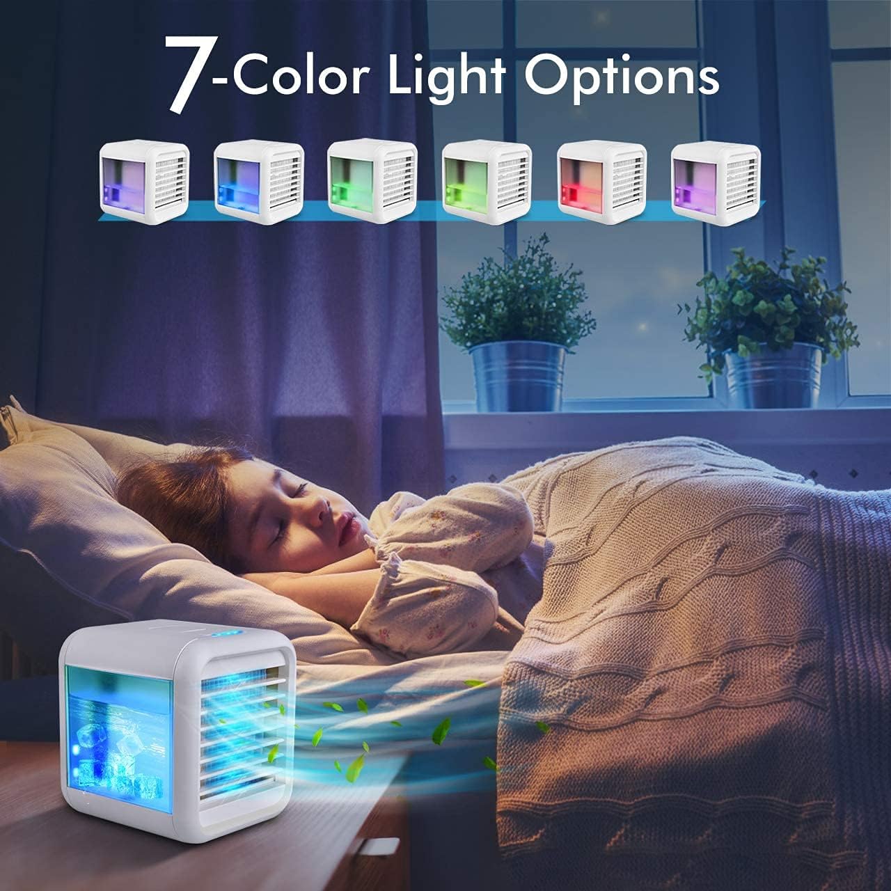 Portable Air Conditioner Fan, Personal Air Cooler with Icebox, USB Desk Fan with 3 Speeds, Evaporative Air Cooler for Home, Office & Outdoor Use, Air Humidifier, USB Charging, 7 Light Colors, Quiet…