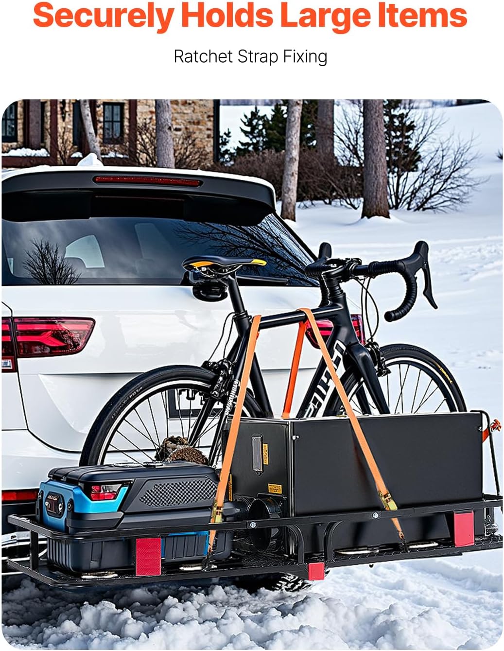 VEVOR 53" x 19" x 5", Hitch Cargo Carrier, 500 lbs Capacity Hitch Cargo Carrier with Hitch Stabilizer & Ratchet Straps, Folding Hitch Mount Cargo Carrier with Cargo Net with Hook, Fit for SUVs