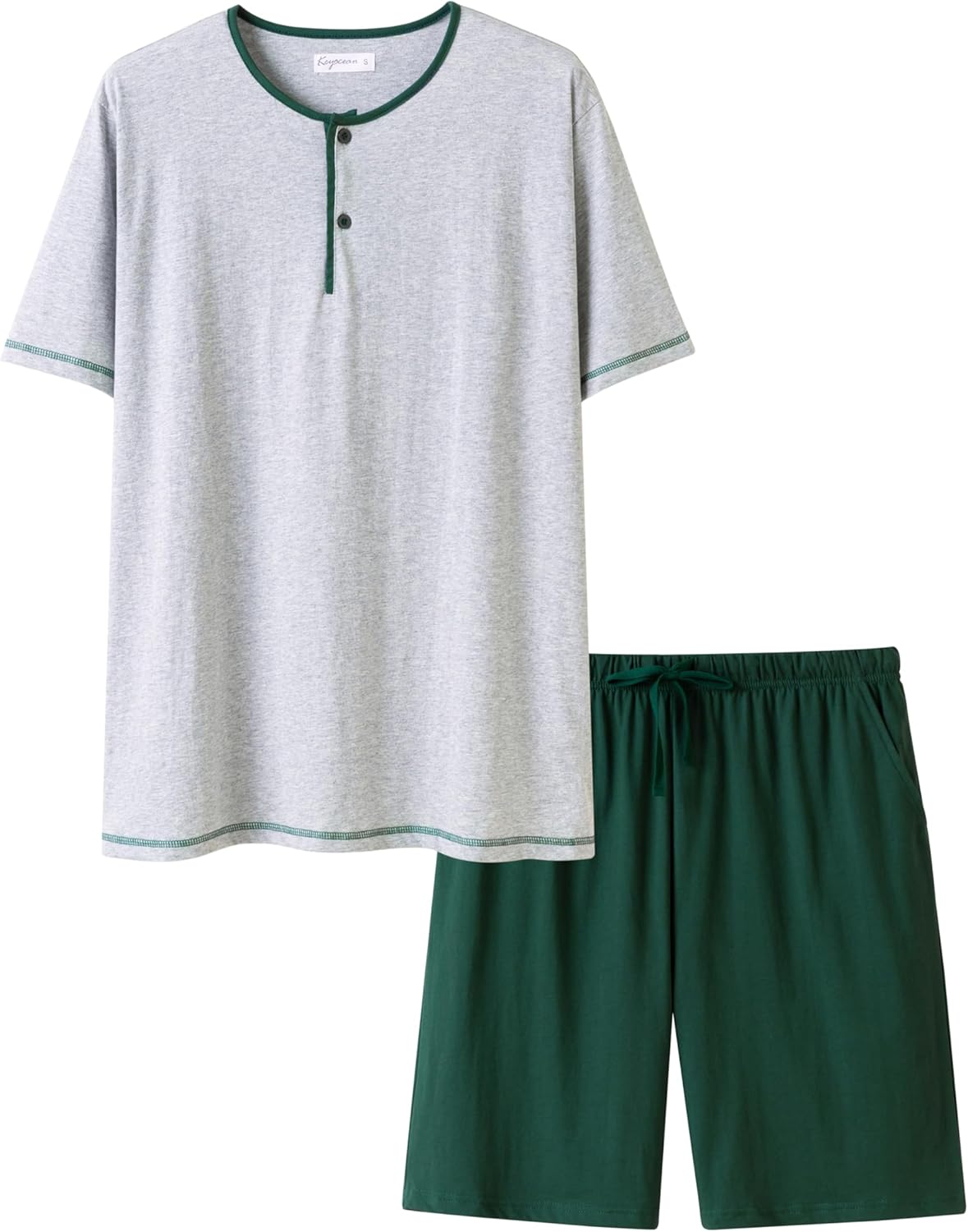Keyocean Mens Henley Pajama Set, Soft Cotton Short-Sleeve T-Shirt & Shorts Summer PJ Set for Sleeping