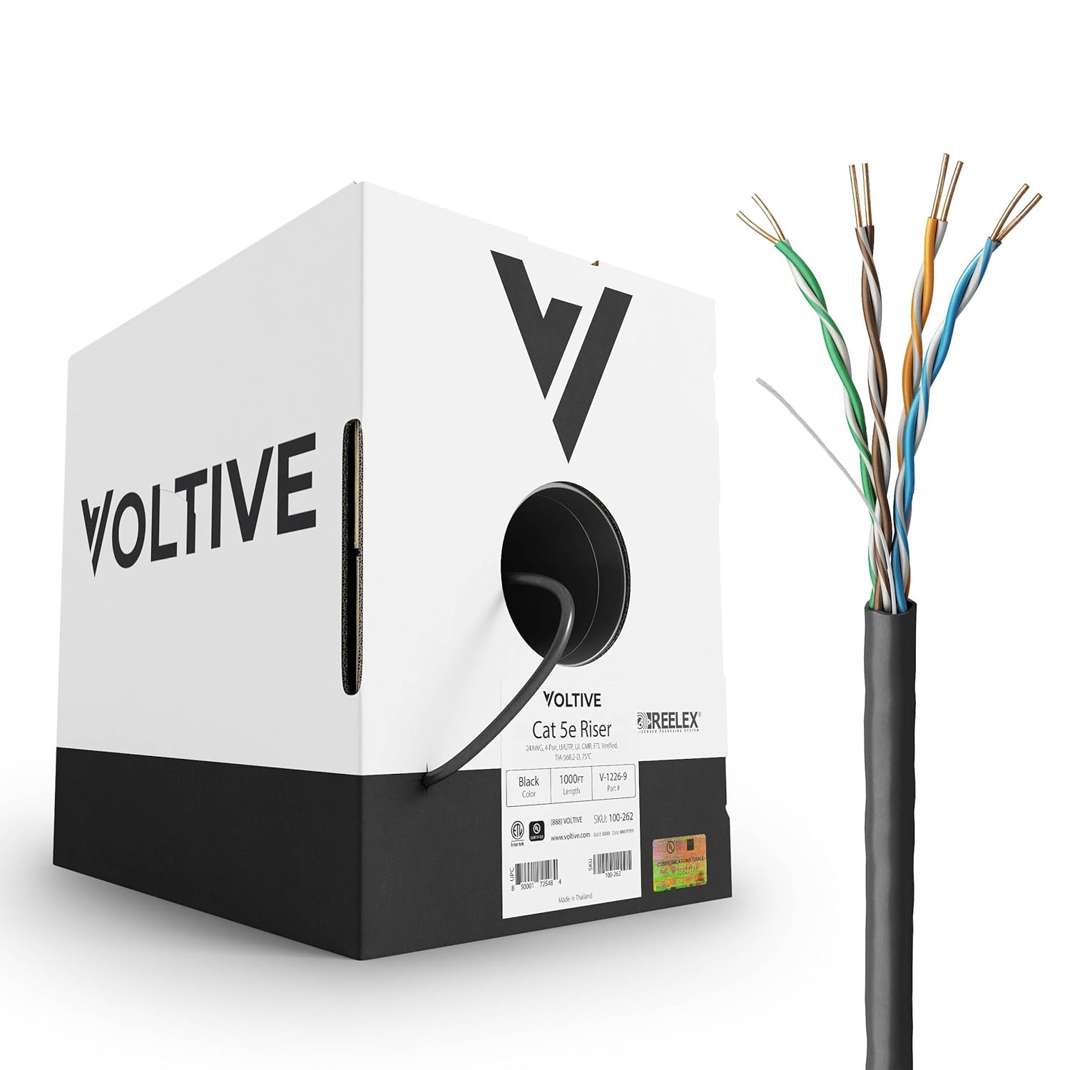 Voltive Cat5e Riser Cable, 1000ft, Black, 350MHz
