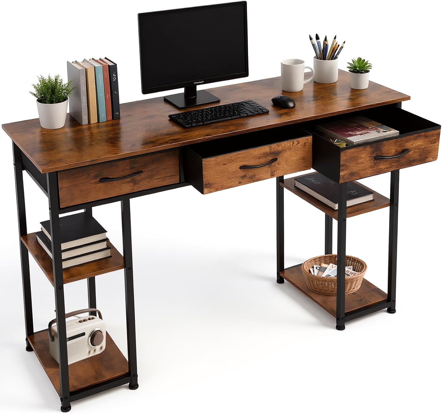 FAHKNS 47 Inch Computer Desk with 3 Fabric Drawers, Small Computer Table with 4 Storage Shelves, Minimalist Style Home Office Desk for Working, Studying and Writing, Brown