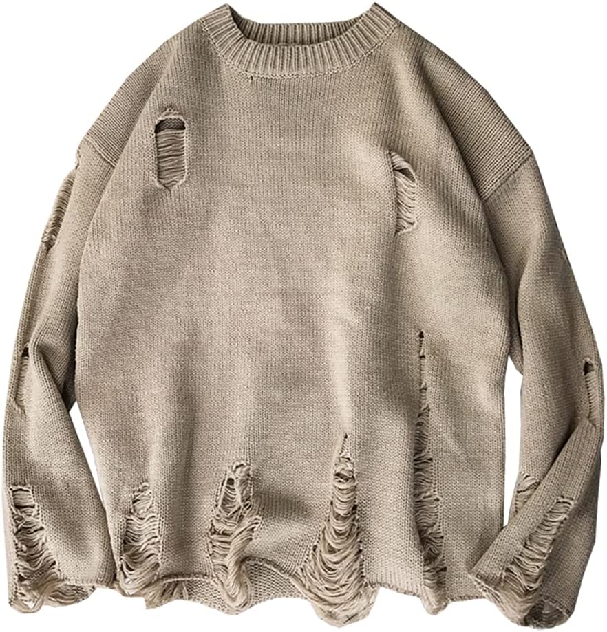 LifeHe Men's Ripped Sweater Pullover Oversized Distressed Knit Jumpers Tops