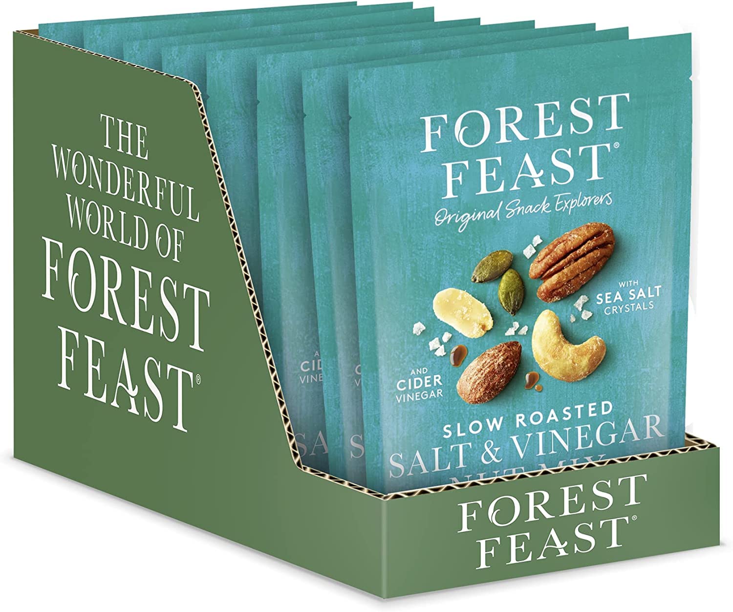FOREST FEAST Mieszanka wolno palonej soli i octu orzechów 8 x 120 g | sól morska i ocet cydr prażone orzechy orzechowe z orzechami nerkowca, migdałami, orzeszkami ziemnymi, pekanami i nasionami dyni | wegańska przekąska