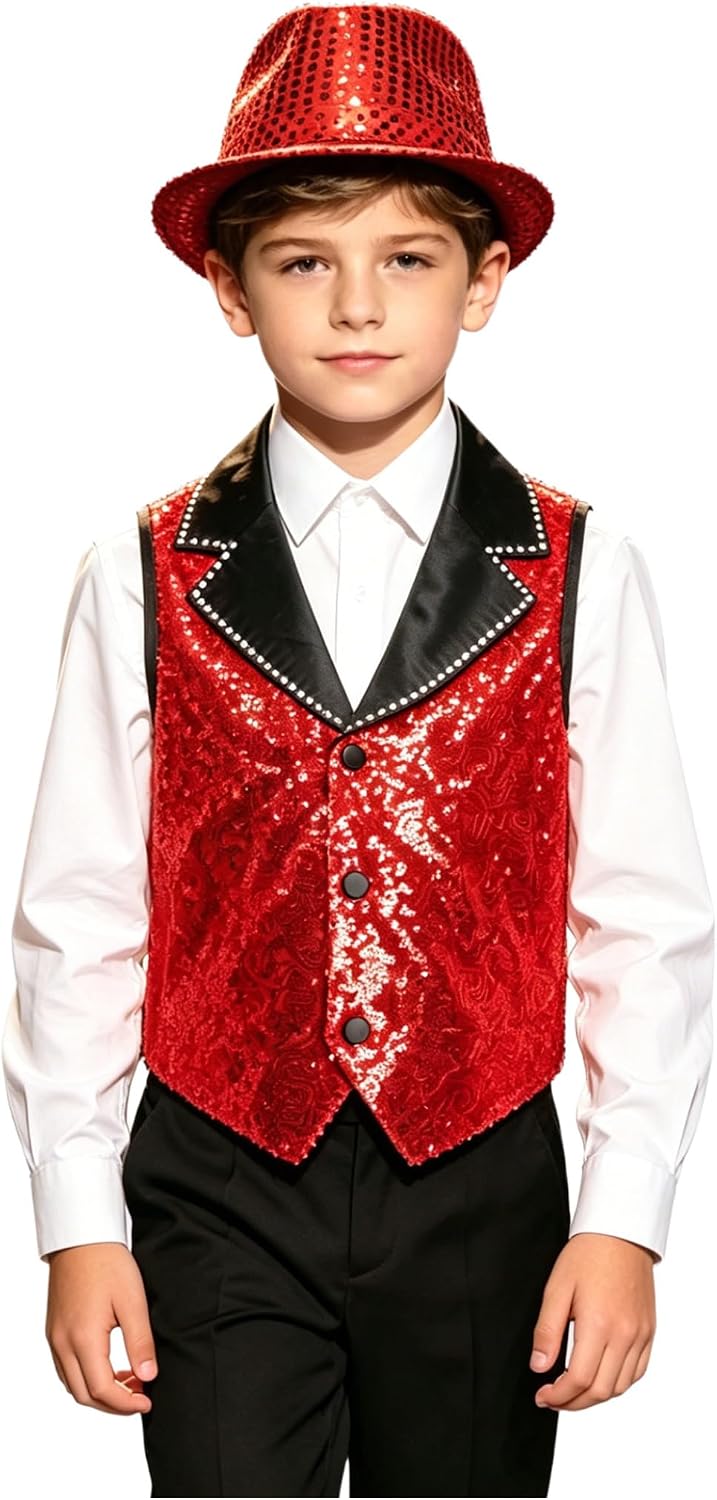 Boys Sequin Vest Hat Set for Dance Party Decorated Apparel Hiphop Gathering Wear Jazz Event Clothing