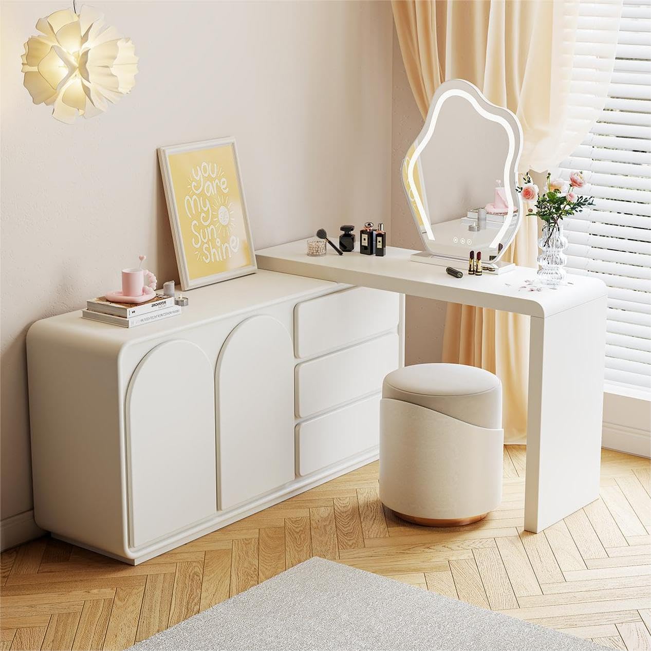 L-Shaped 6 Drawer Vanity Dresser Combo, Fully Assembled Extendable Makeup Desk, Modern Dressing Table for Bedroom, Rotatable Corner Vanity with Storage (Beige & 8Drawer & Mirror with Light)