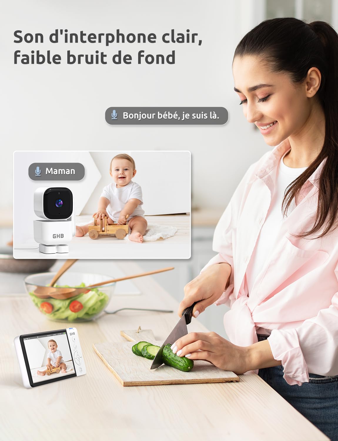 GHB Babyphone Caméra 5" Caméra Bébe Surveillance Rotation 350° 5000 mAh 720P HD Mode VOX Vision Nocturne Capteur de Température 8 Berceuses