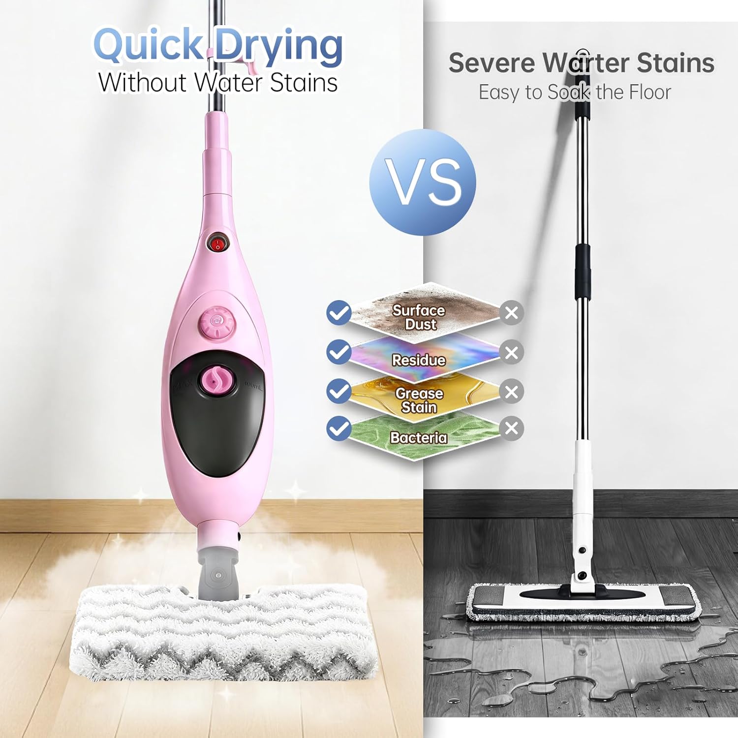 Moolan Steam Mops for Floor Cleaning, Steam mop for Hardwood Floors with Adjustable Steam & Double-Sided Pads, Floor Steamer for Laminate Floor, Tiles, Grout, Furniture (400ML Tank)