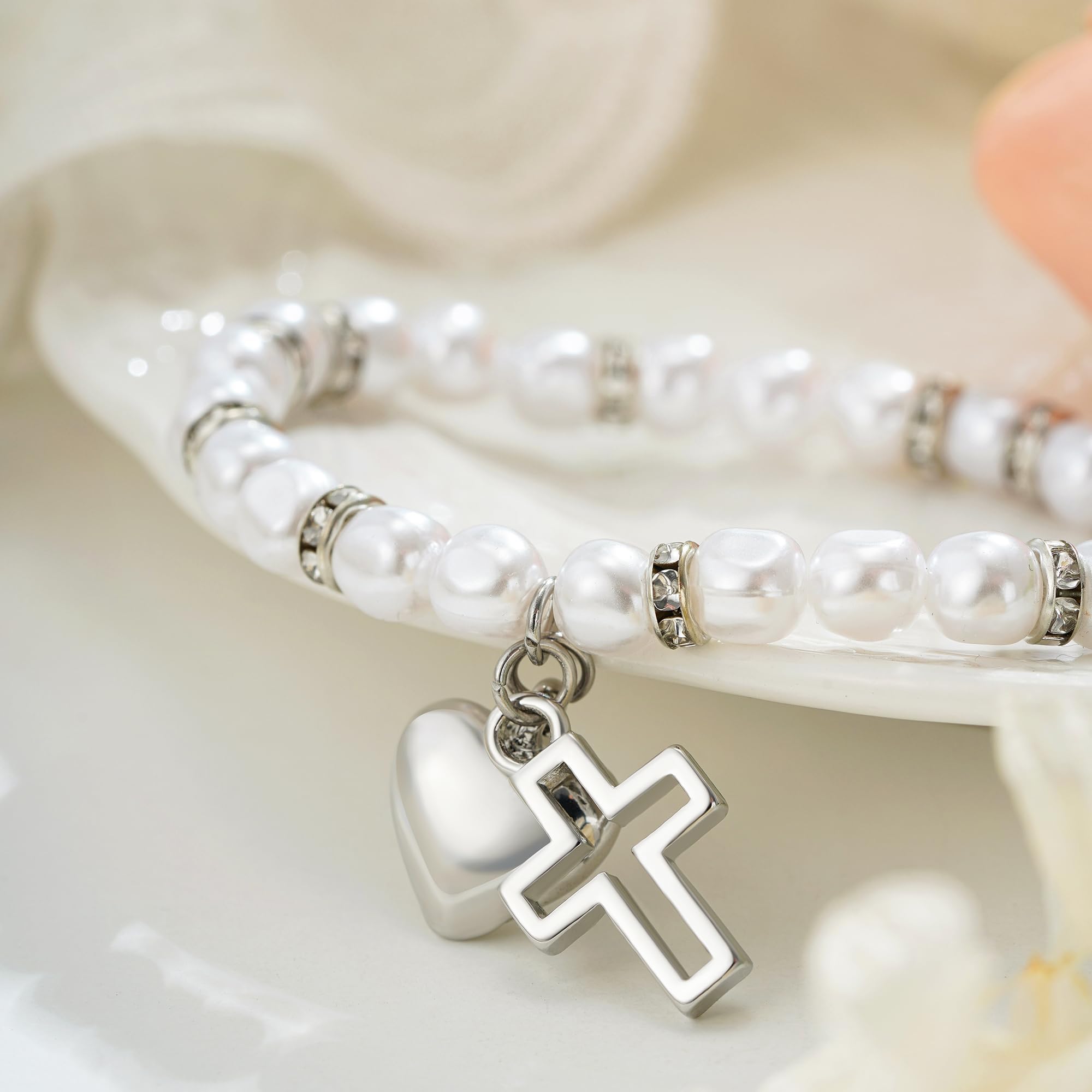 Bransoletka dla dziewcząt z zawieszką w kształcie krzyża, bransoletka z pereł, na komunię, dla dziewcząt, biżuteria religijna, prezent na komunię, dla dziewcząt, wiara chrześcijańska