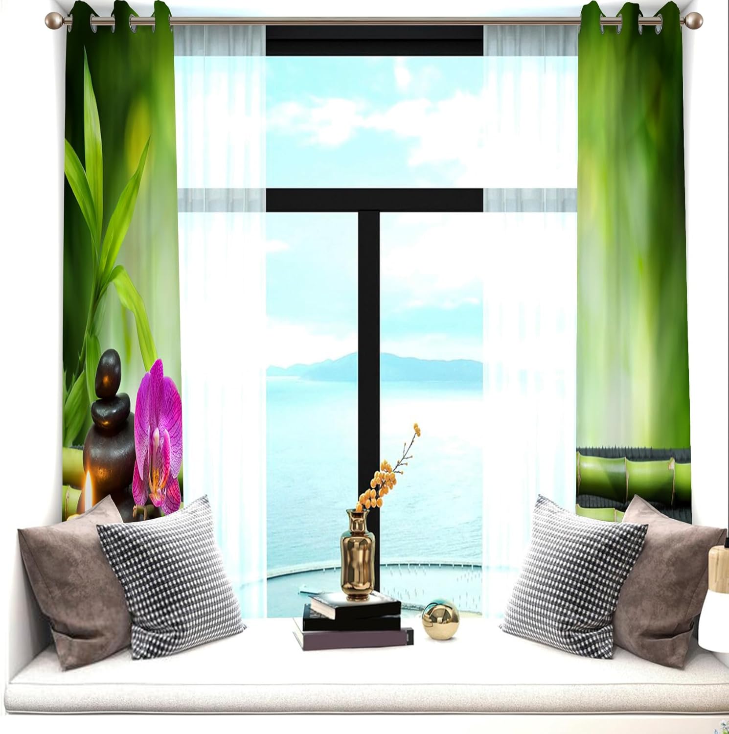 Renaiss Green Bamboo Zen Spa Curtains White Scented Candle Grommet Blackout Bedroom Curtains Green Spiritual Meditation Window Drapes for Living Room 42W x 84L inch Set of 2 Panels