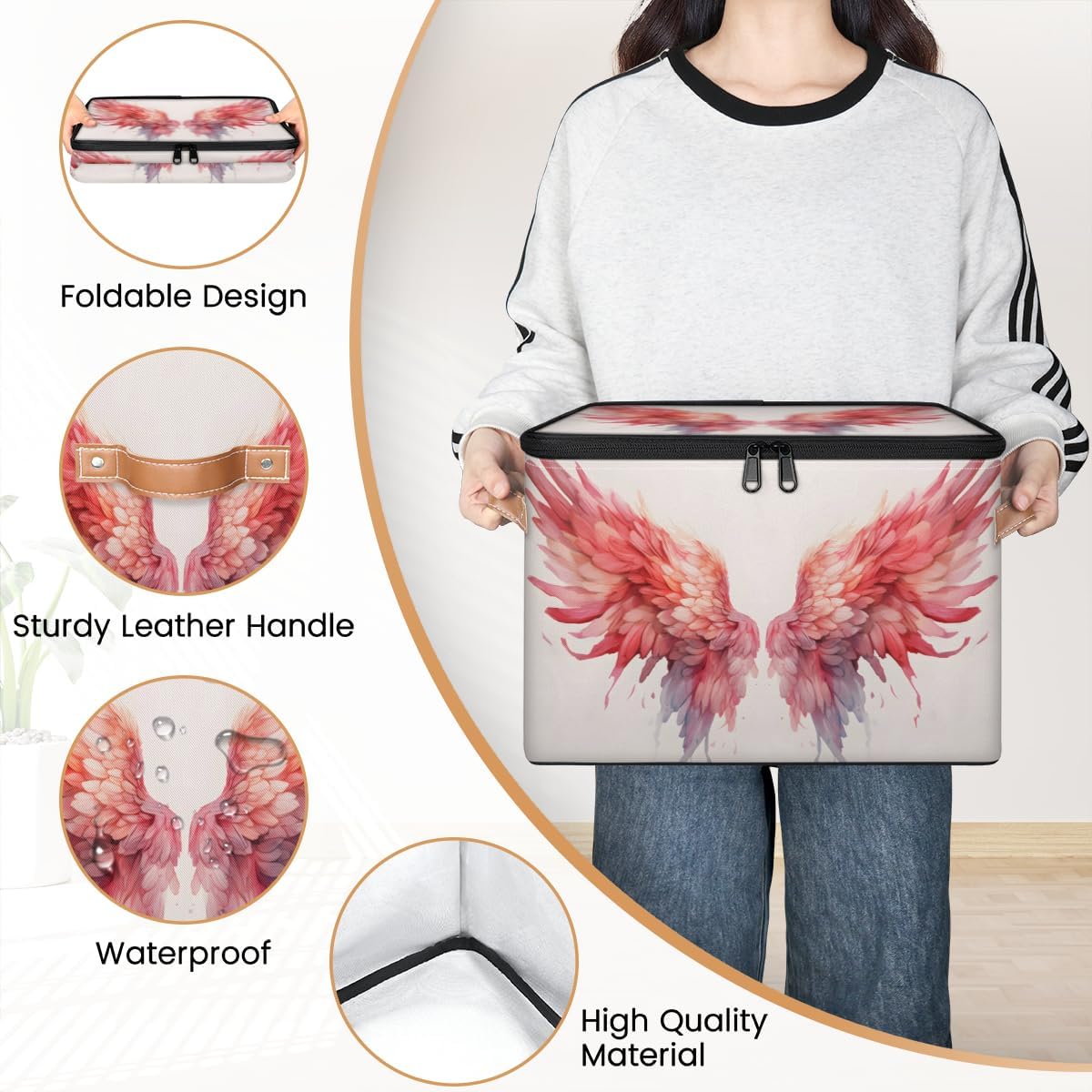 Storage Bin Set of 2 Ethnic Wings Storage Basket with Zipper Lid & Handle Foldable Closet Shelf 2 Pack Cloth Organizer Basket Cube Bins Clothes Organizer for Bedroom, Nursery