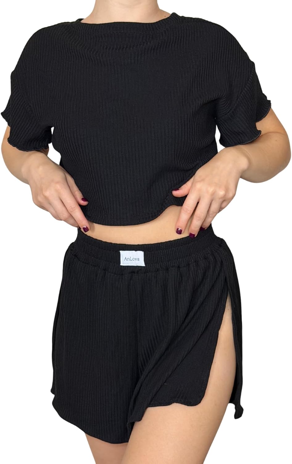 Cotton Blend Split Leg Pjs for Women 2 Piece Soft Pajama Set for Women Black Lounge Set Top and Shorts Matching Set