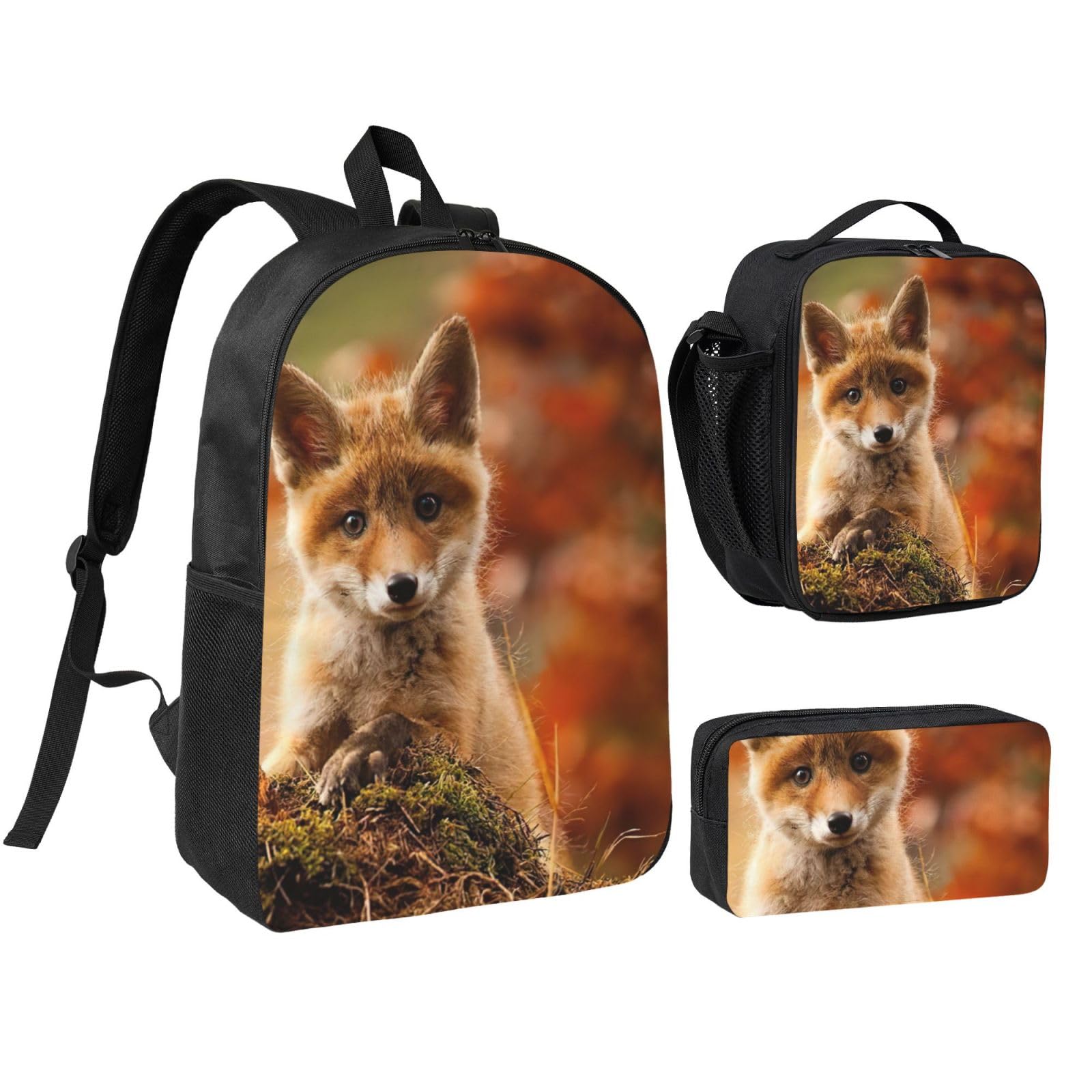 EdWal Cute Baby Fox print 3Pcs Backpack School Backpack with Lunch Box and Pencil Pouch Lightweight Bookbag