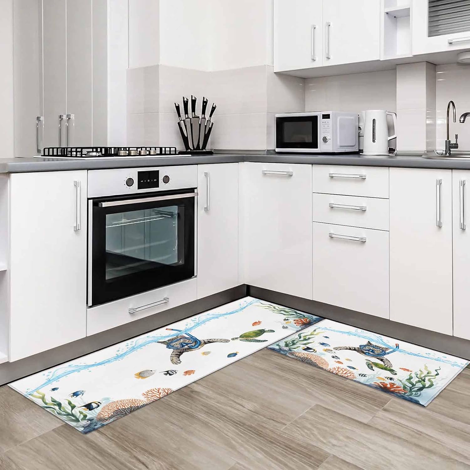 Teamery Kitchen Mats for Floor Summer Cat Sea Turtle Fish Coral Washable Non Slip Kitchen Rugs 2PCS, Watercolor Marine Life Absorbent Standing Mats for Sink Office Living Room 15.7x23.6in+15.7x47.2in
