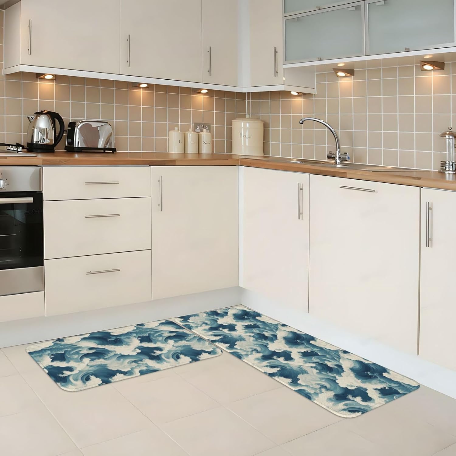 Blue Waves A Print Kitchen Rugs Sets of 2 Non Slip Washable, Anti Fatigue Kitchen Mats for Floor, Home Decor