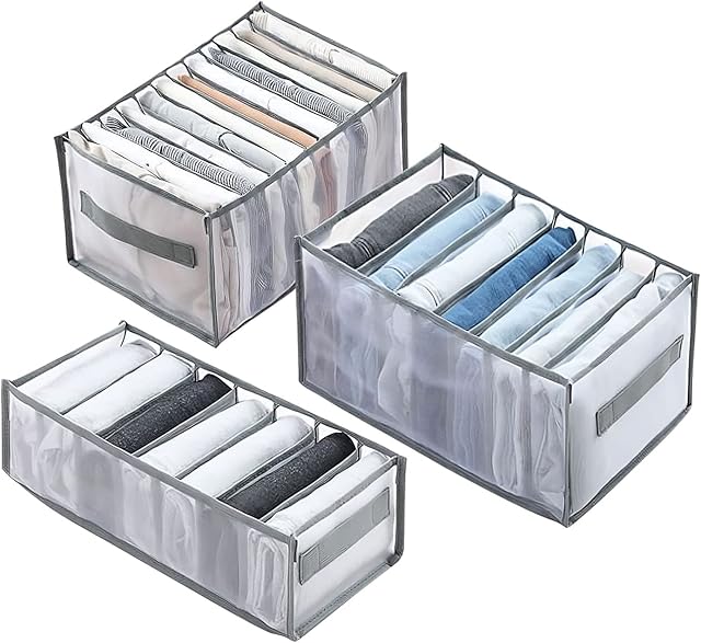 hicoosee Foldable Clothes Storage Organisers, 3 PCS Premium Thickened Clothes Drawer Organisers Visible Grid Closet Drawer Divider for Jeans, Underwear, Socks, Leggings, T-shirts, S+M+L, Grey