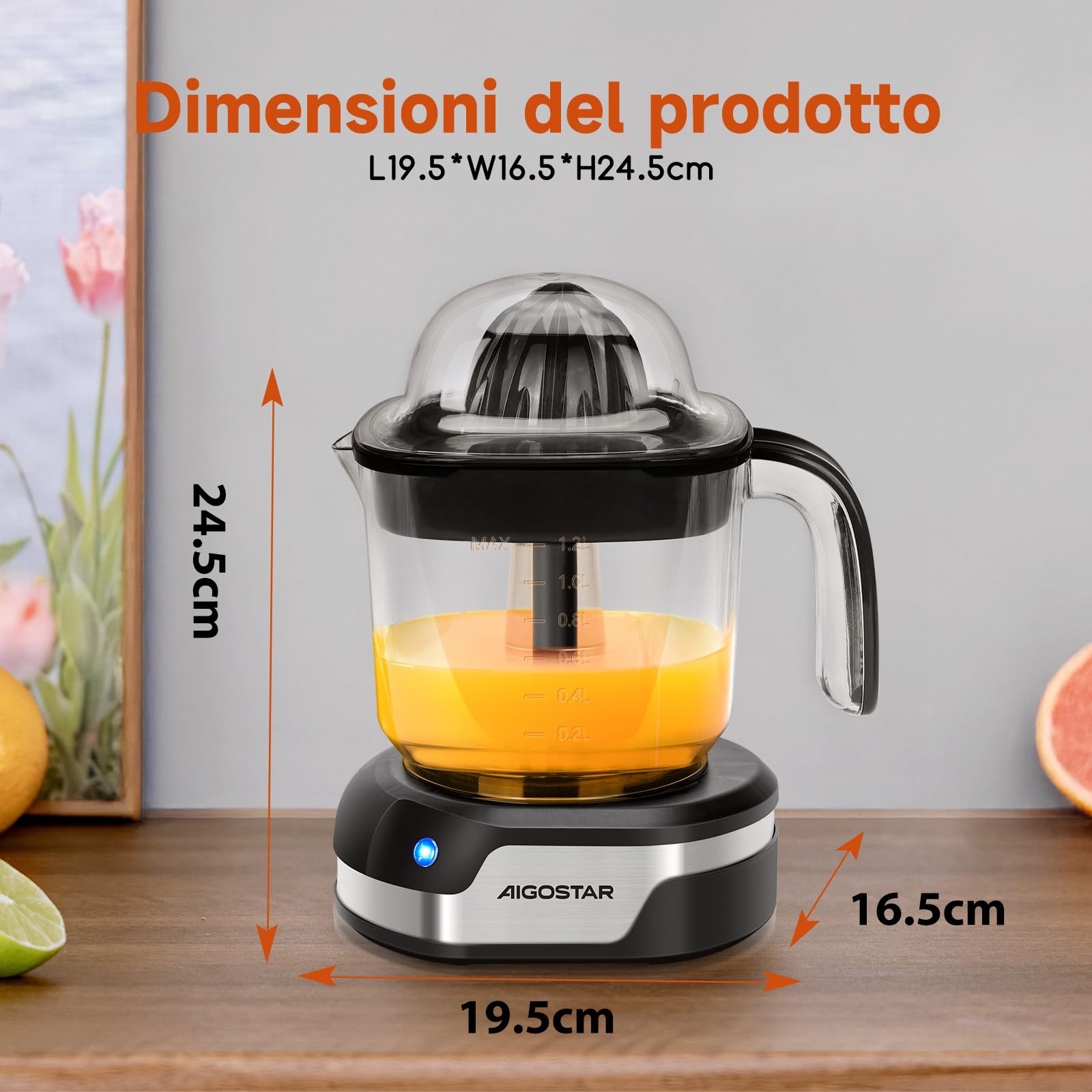 Aigostar Spremiagrumi Elettrico, 1,2L, Spremiagrumi con indicatore LED, 40W, 2 coni staccabili, Doppio Senso di Giro, Base in acciaio inox, Nero, Juicy