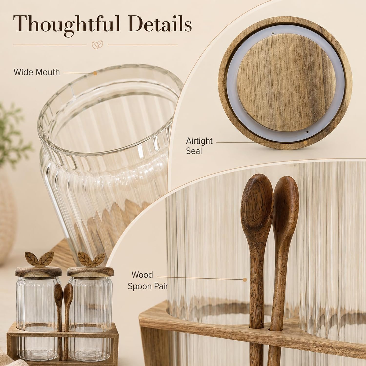 2 Pack Glass Coffee Canister Set, 34 oz Airtight Storage Jars with Acacia Wood Lids, Wood Spoons and Organizer Tray for Coffee Beans Grounds Sugar Tea