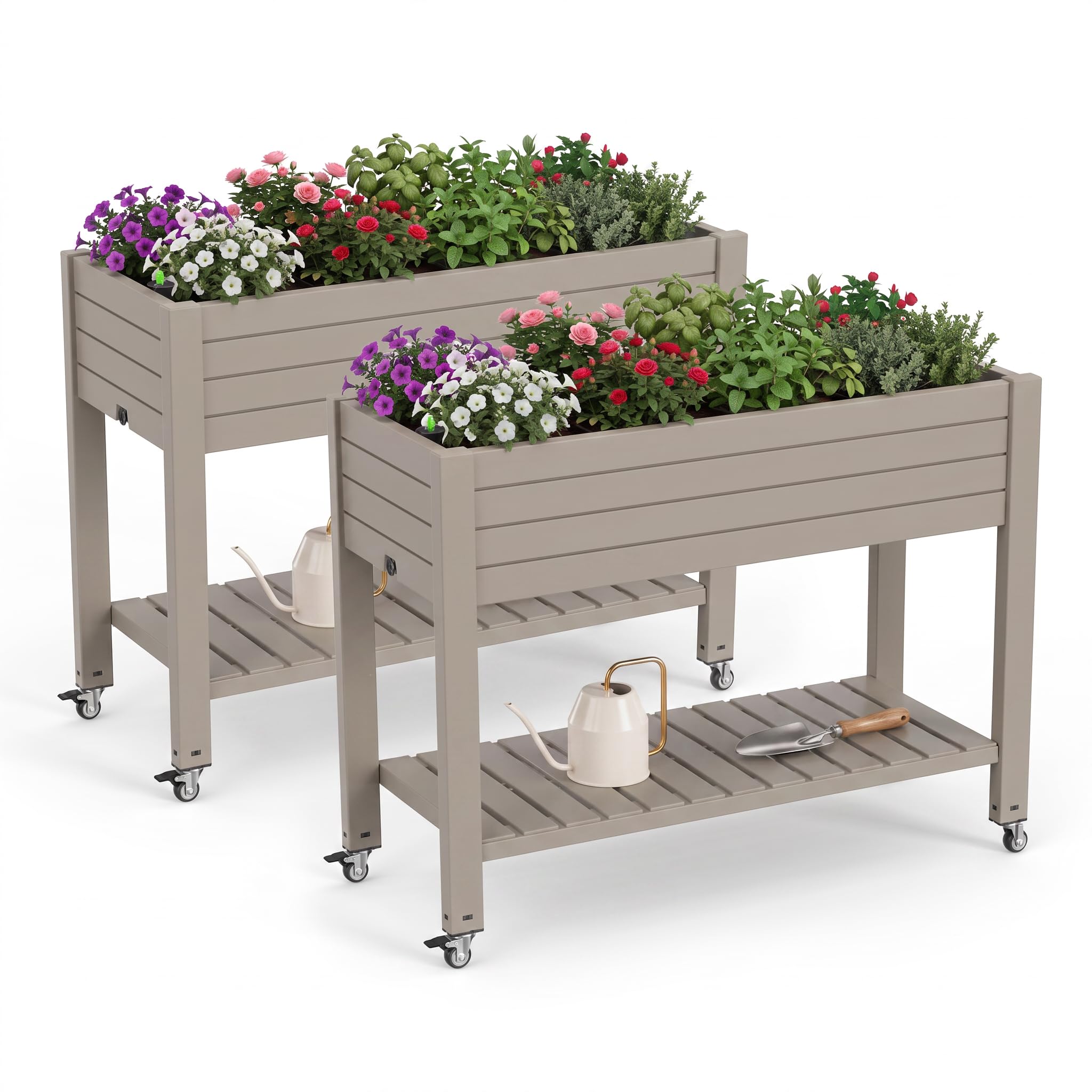 2 Outdoor Patio Raised Garden Bed Elevated Planter Box Resin Plant Stand Gardening with Storage Shelf Legs Wheels Drainage Water Gauge,Grey