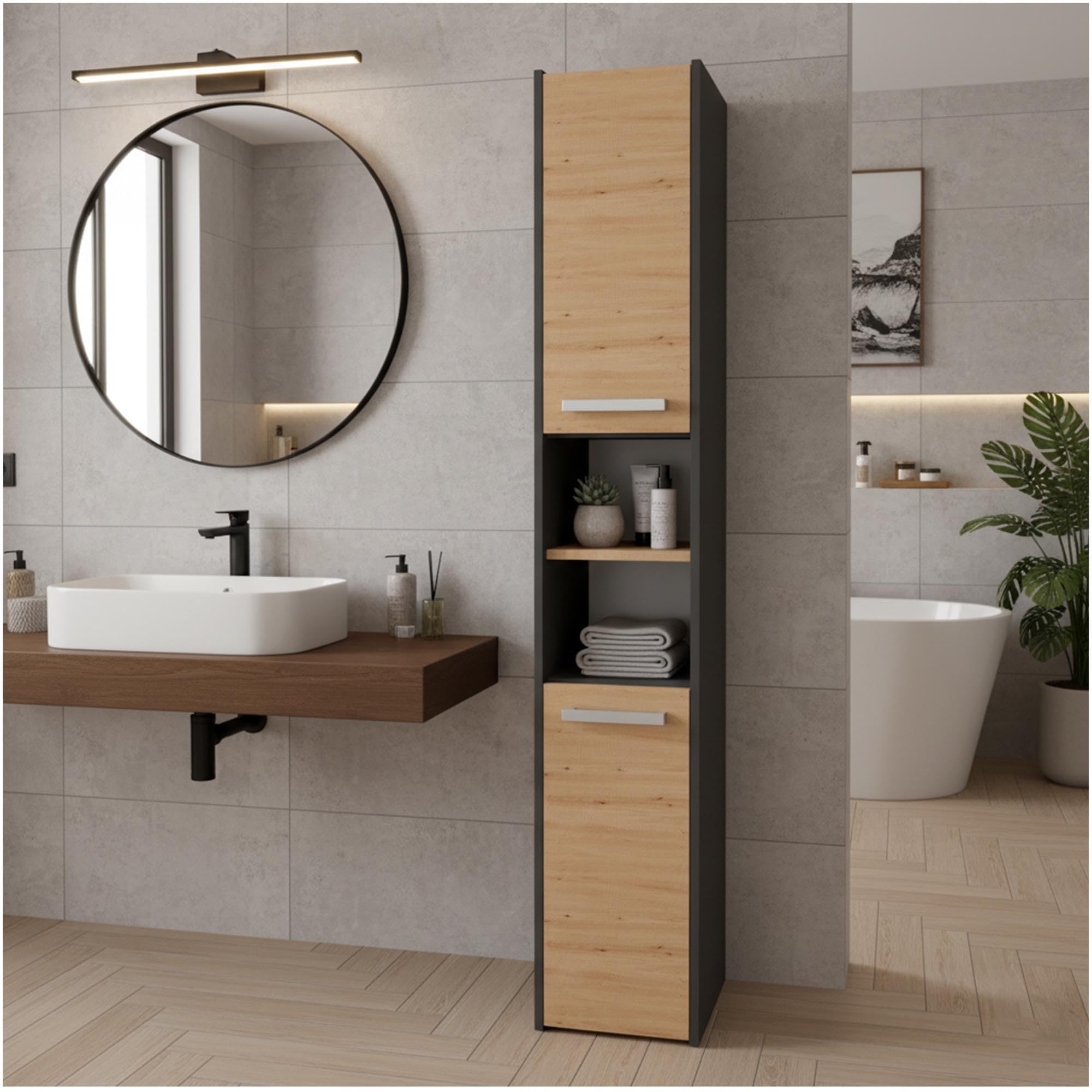 CDF Armadio da Bagno Alto largh. 30 cm Colonna Bagno Mobiletto Portaoggetti Stretto Ripiani e Scomparti per Piccoli Spazi, Cosmetici Moderno Mobile Salvaspazio Rovere Artisan/Antracite 30x30x170 cm